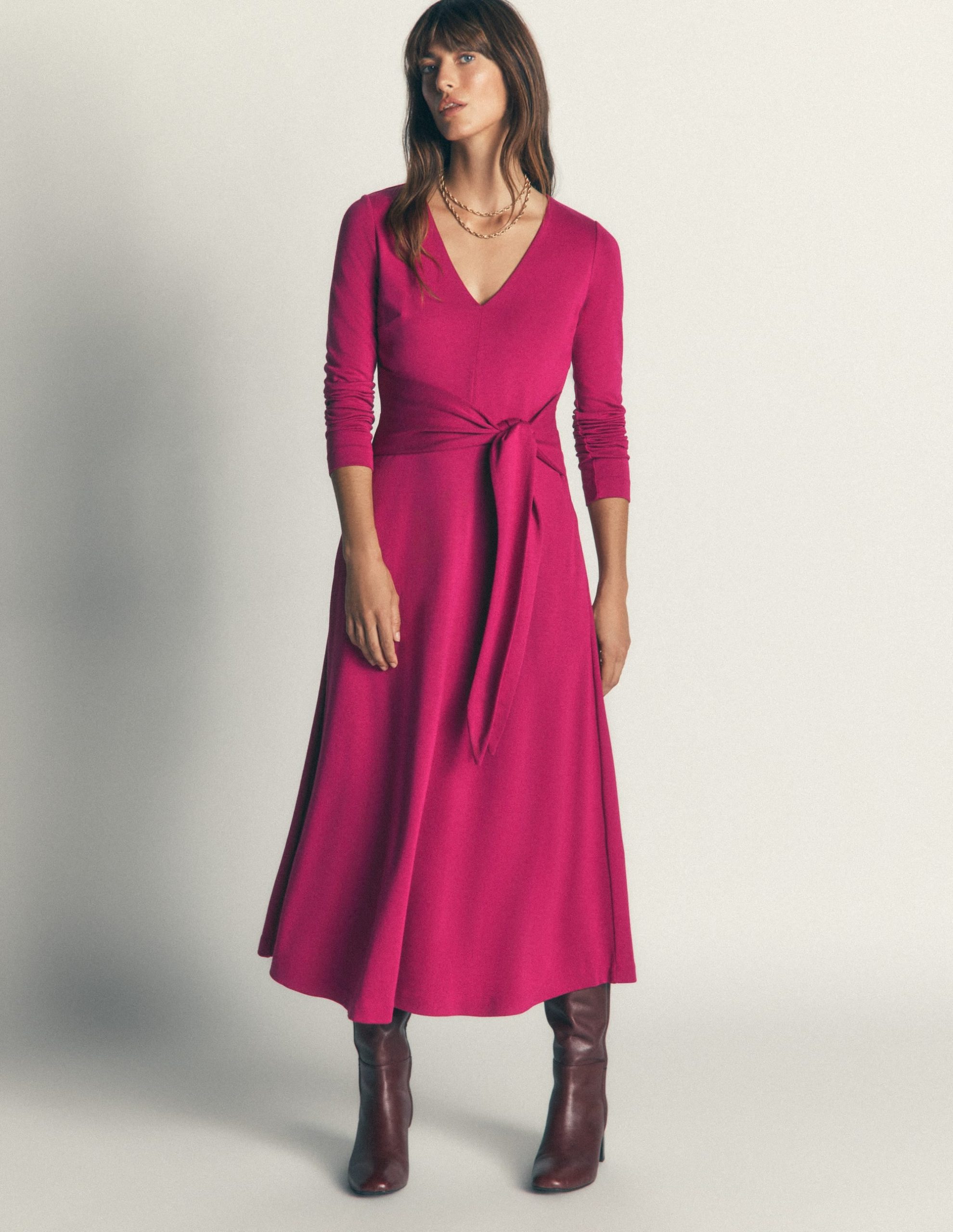 Tie Waist Ponte Dress-Beetroot Red