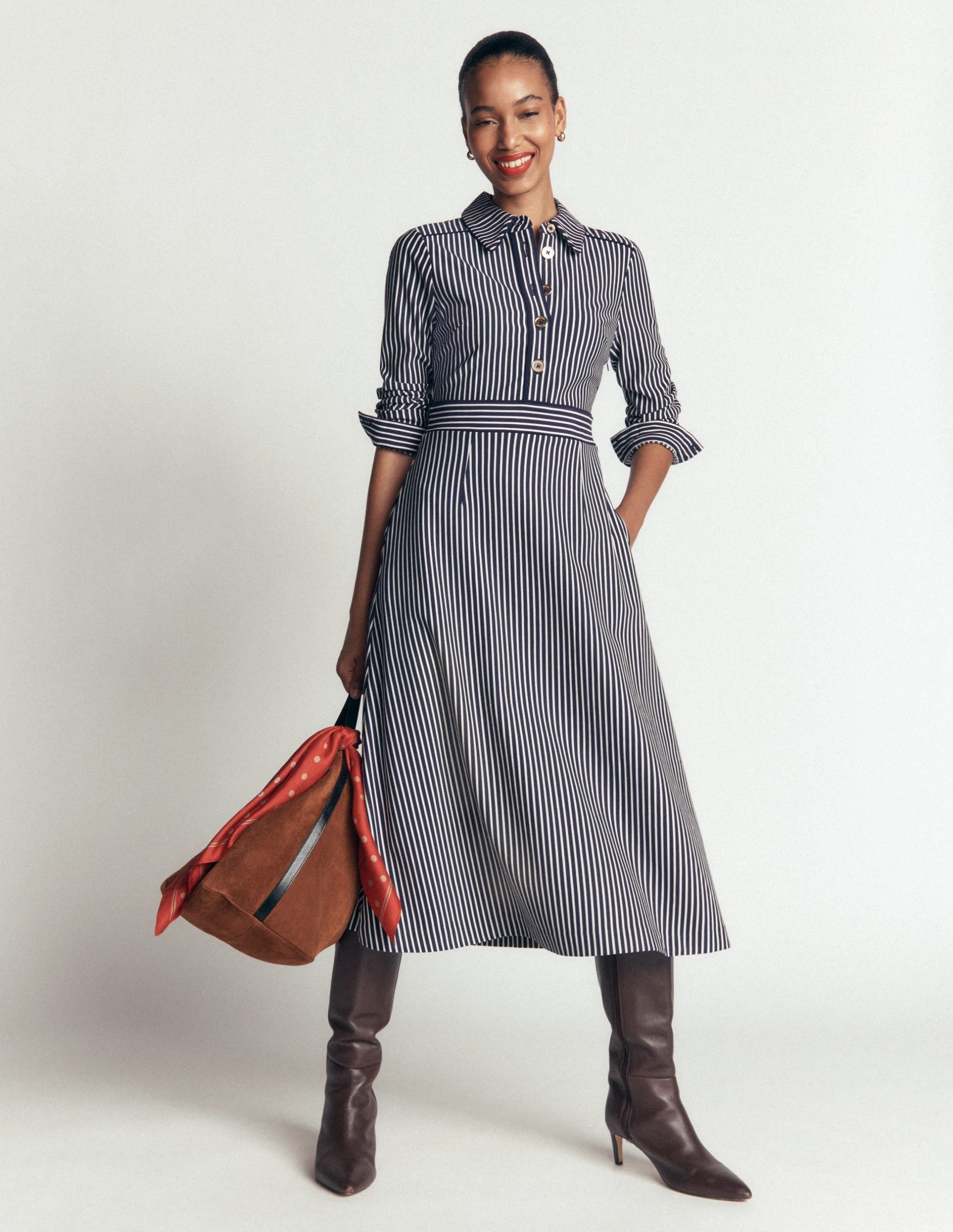 Etta Piping Detail Ponte Dress-Navy. Ivory Stripe