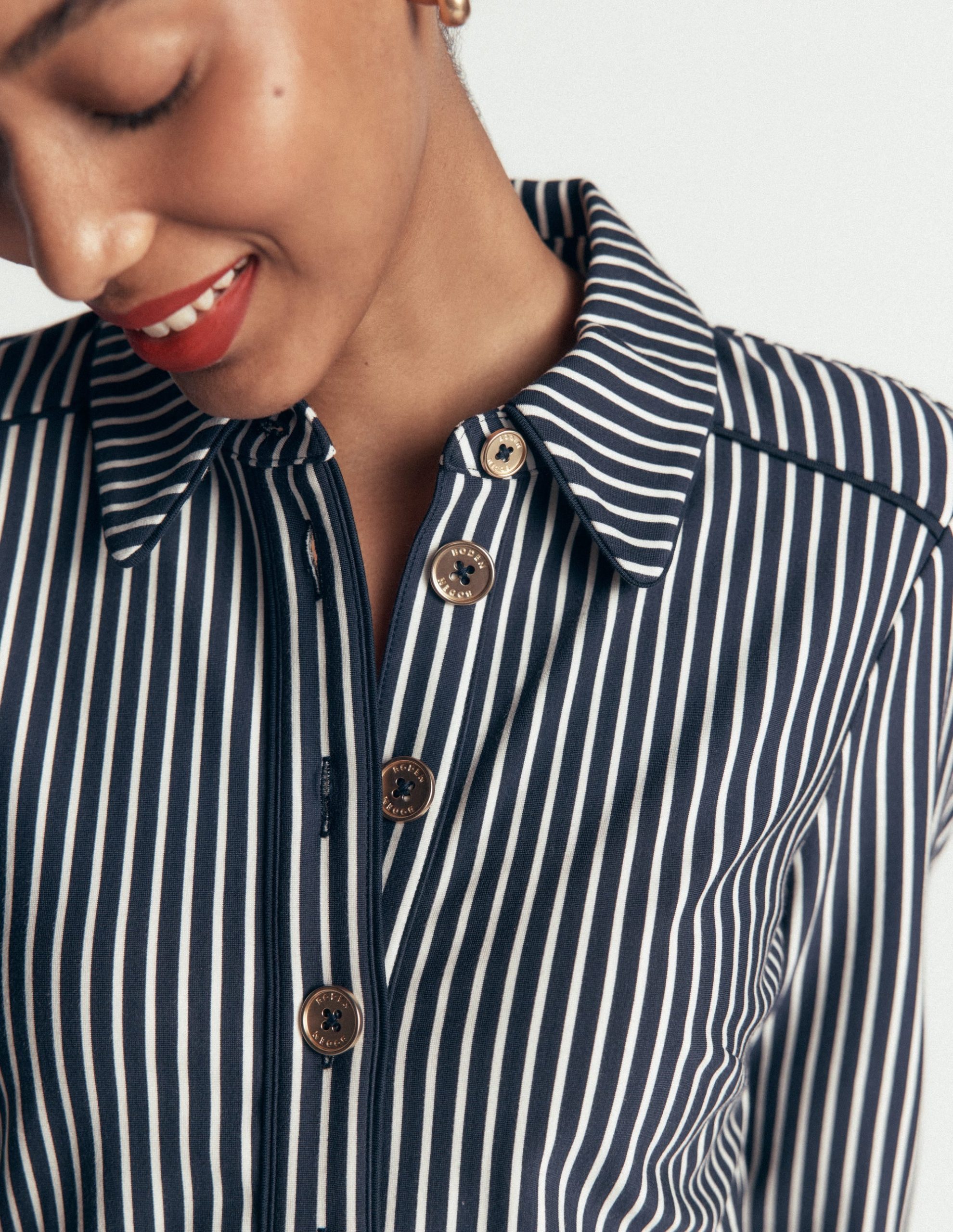 Etta Piping Detail Ponte Dress-Navy. Ivory Stripe - Image 2