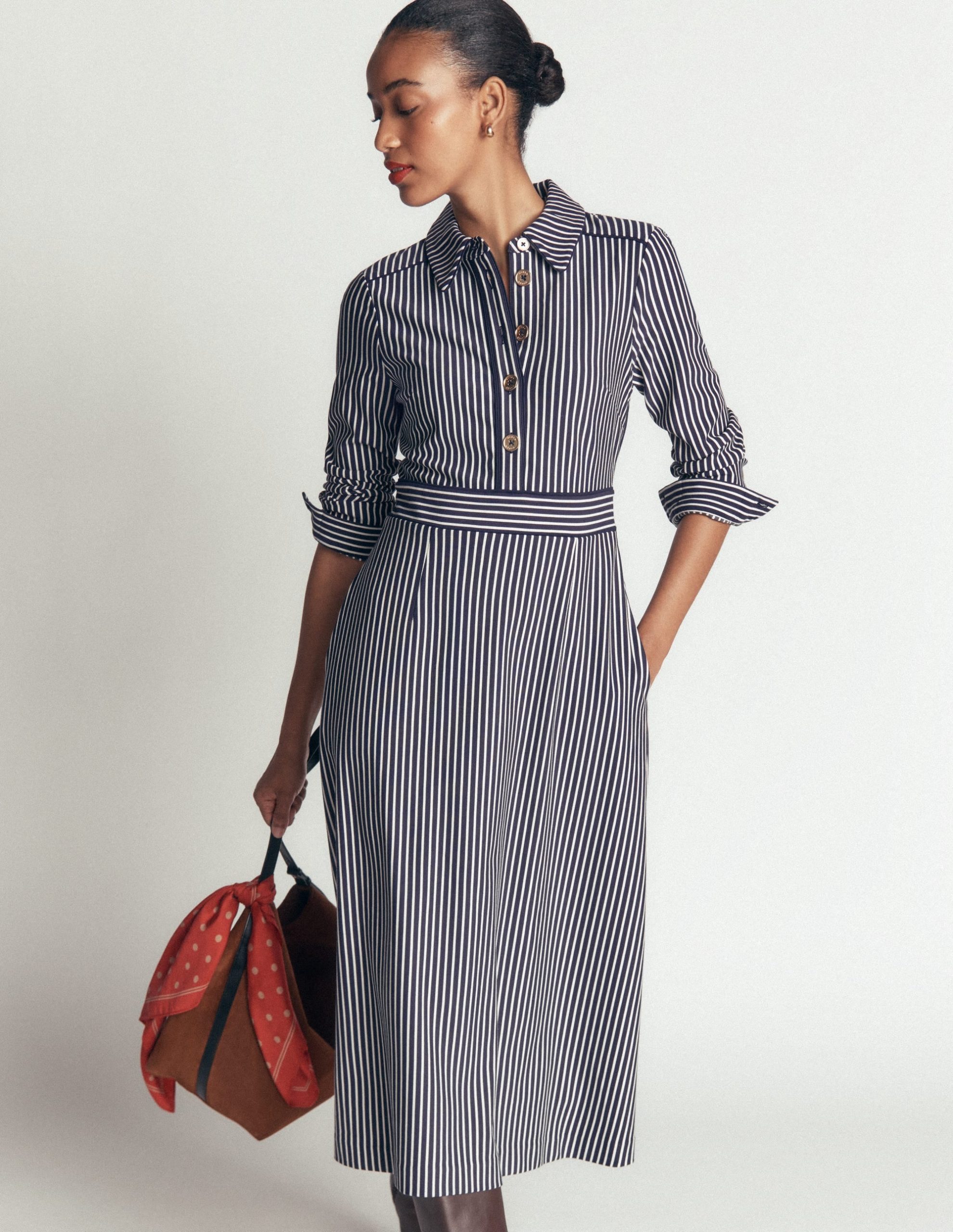 Etta Piping Detail Ponte Dress-Navy. Ivory Stripe - Image 4