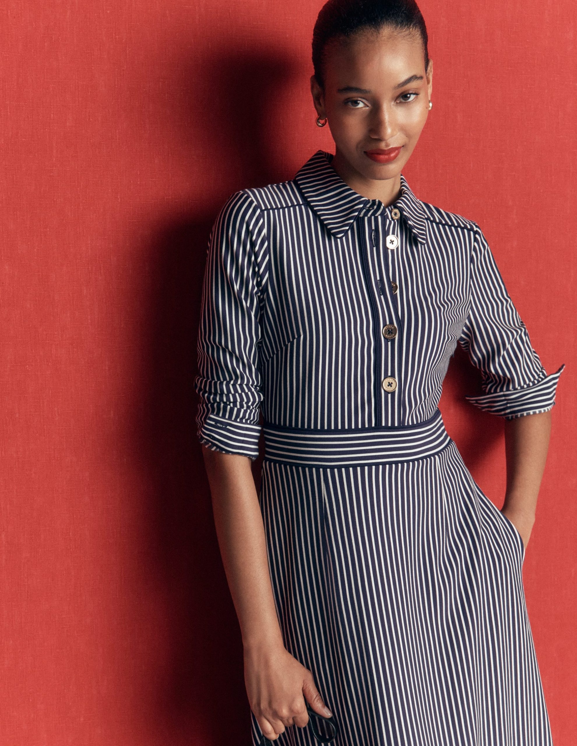 Etta Piping Detail Ponte Dress-Navy. Ivory Stripe - Image 5