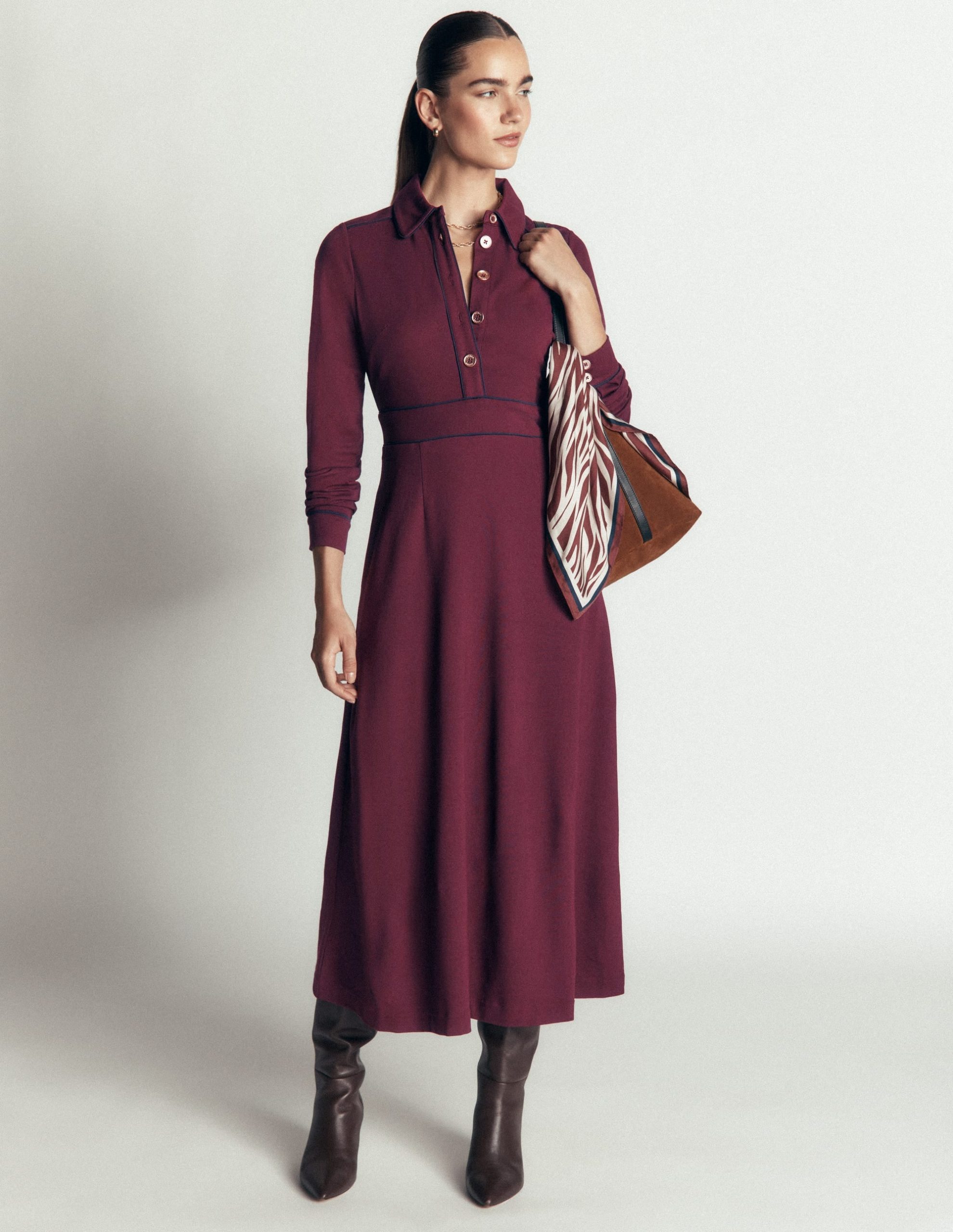 Etta Piping Detail Ponte Dress-Dark Cherry. Navy