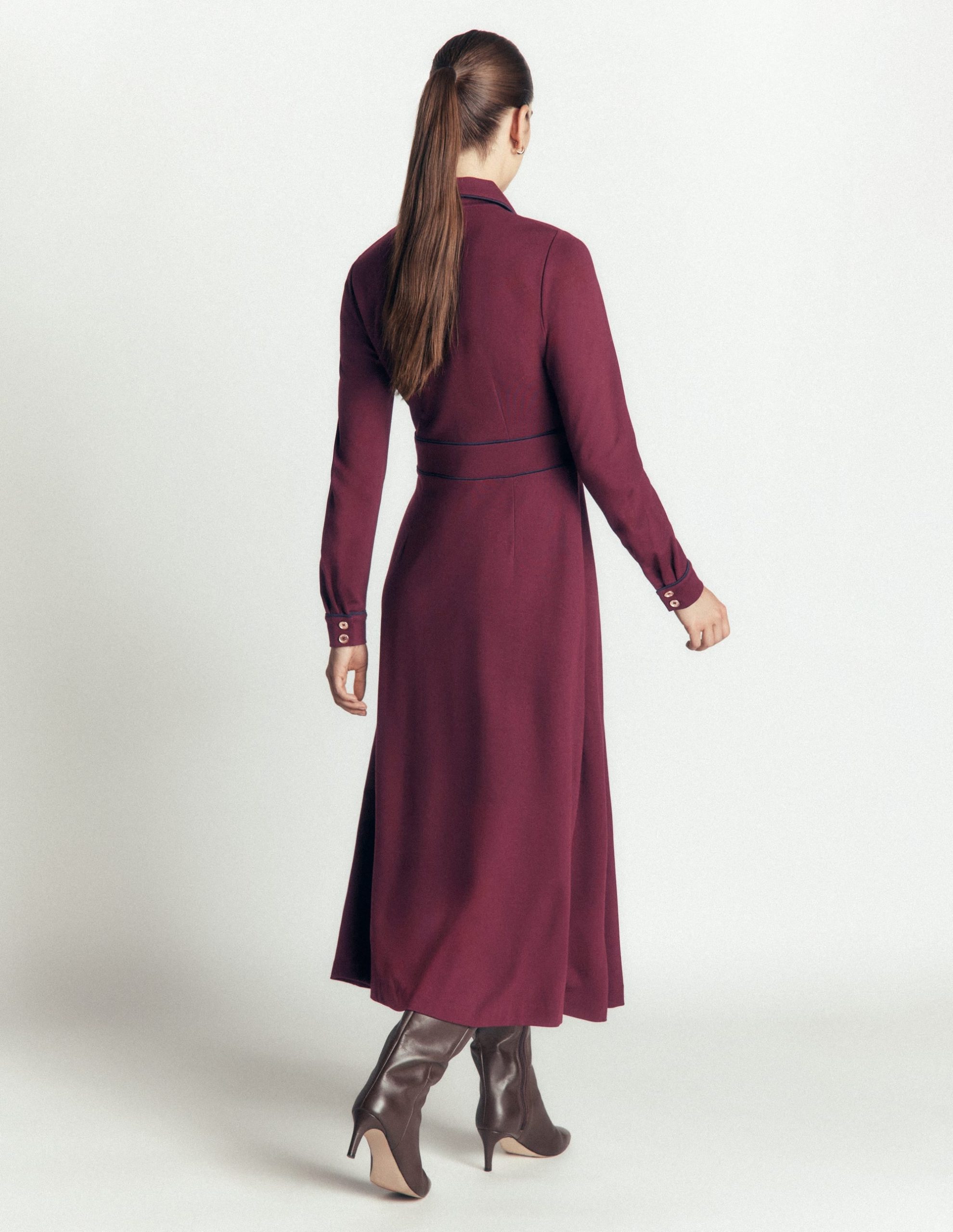 Etta Piping Detail Ponte Dress-Dark Cherry. Navy - Image 4