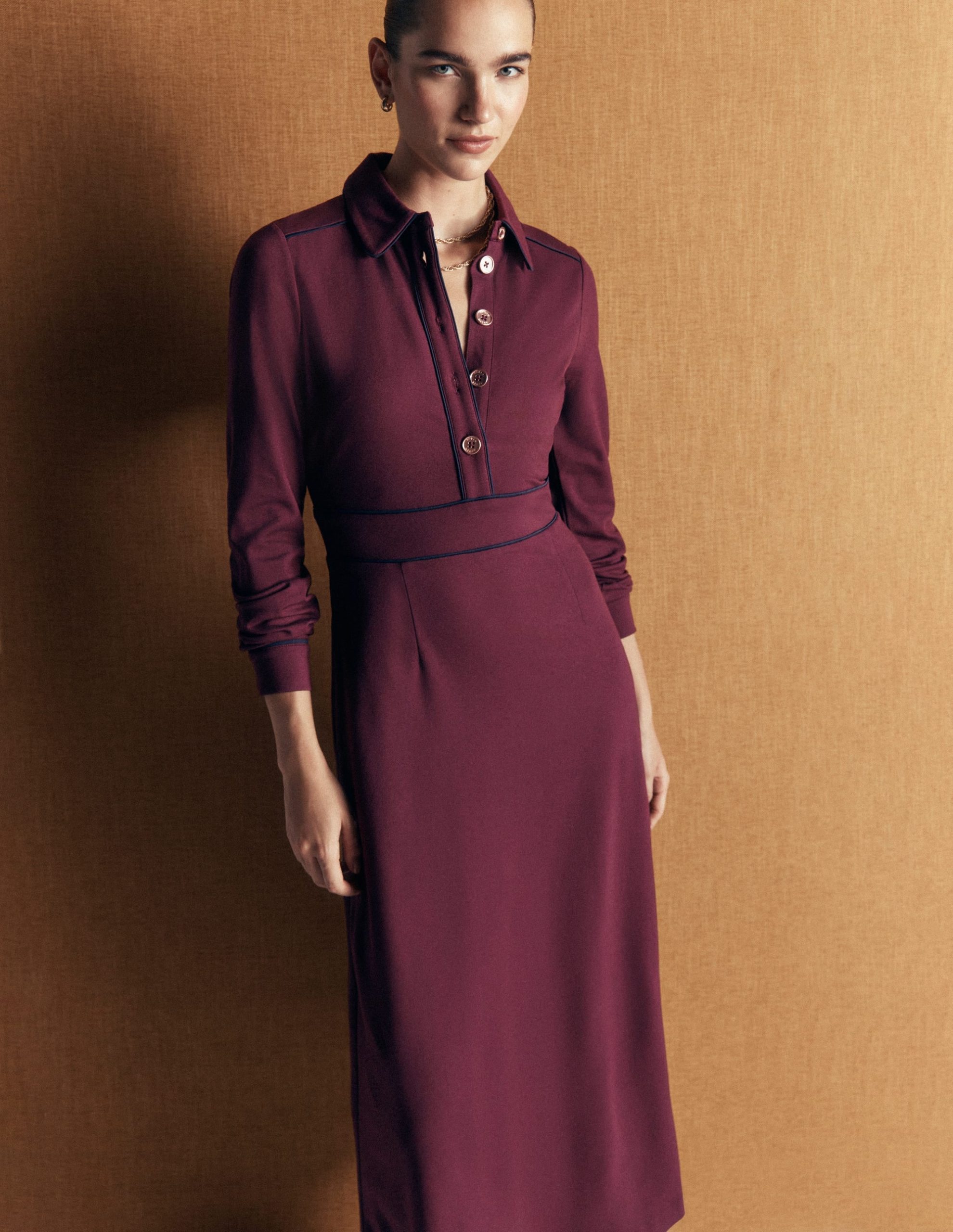 Etta Piping Detail Ponte Dress-Dark Cherry. Navy - Image 5