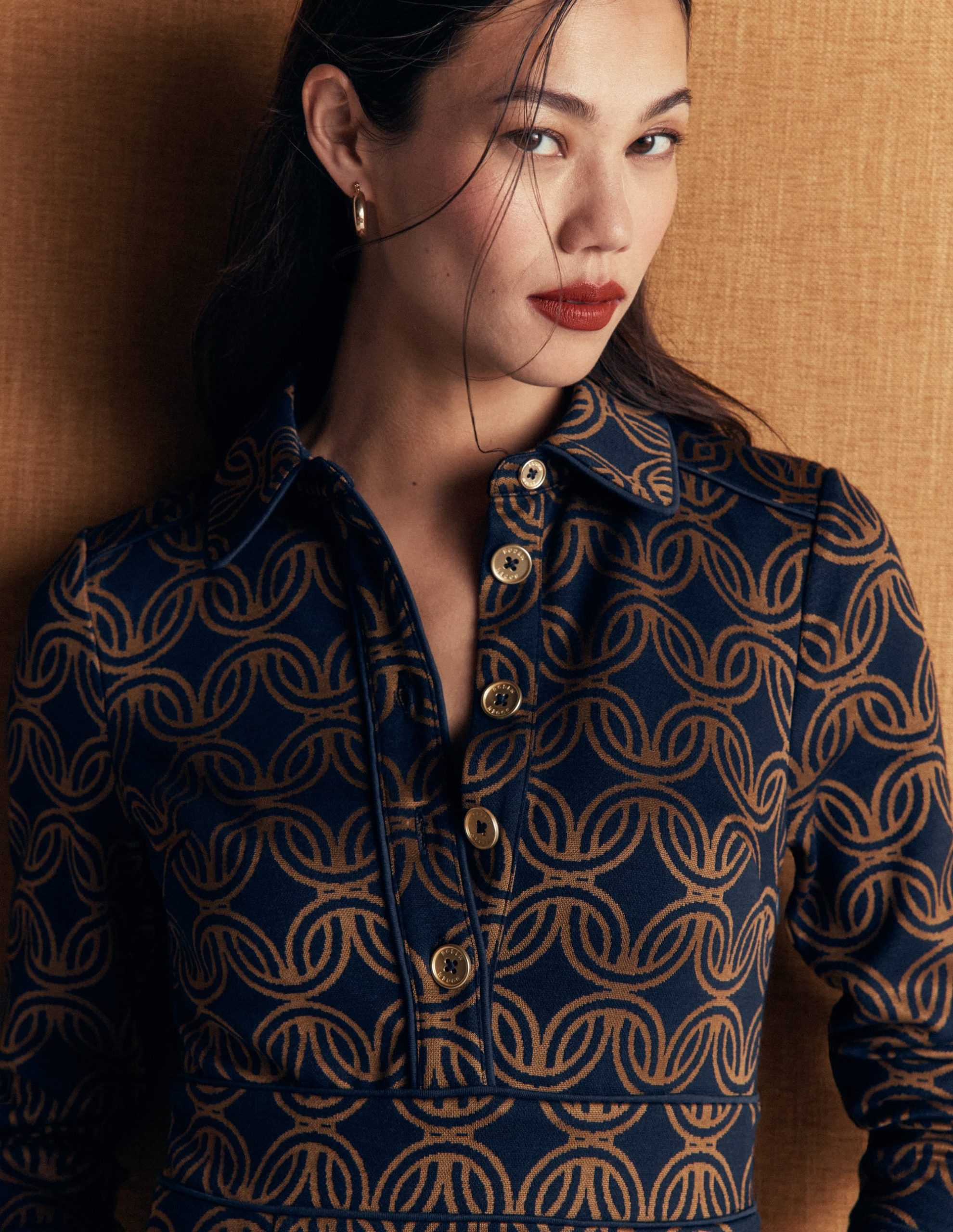 Etta Piping Detail Ponte Dress-Navy. Geo Parade Mono