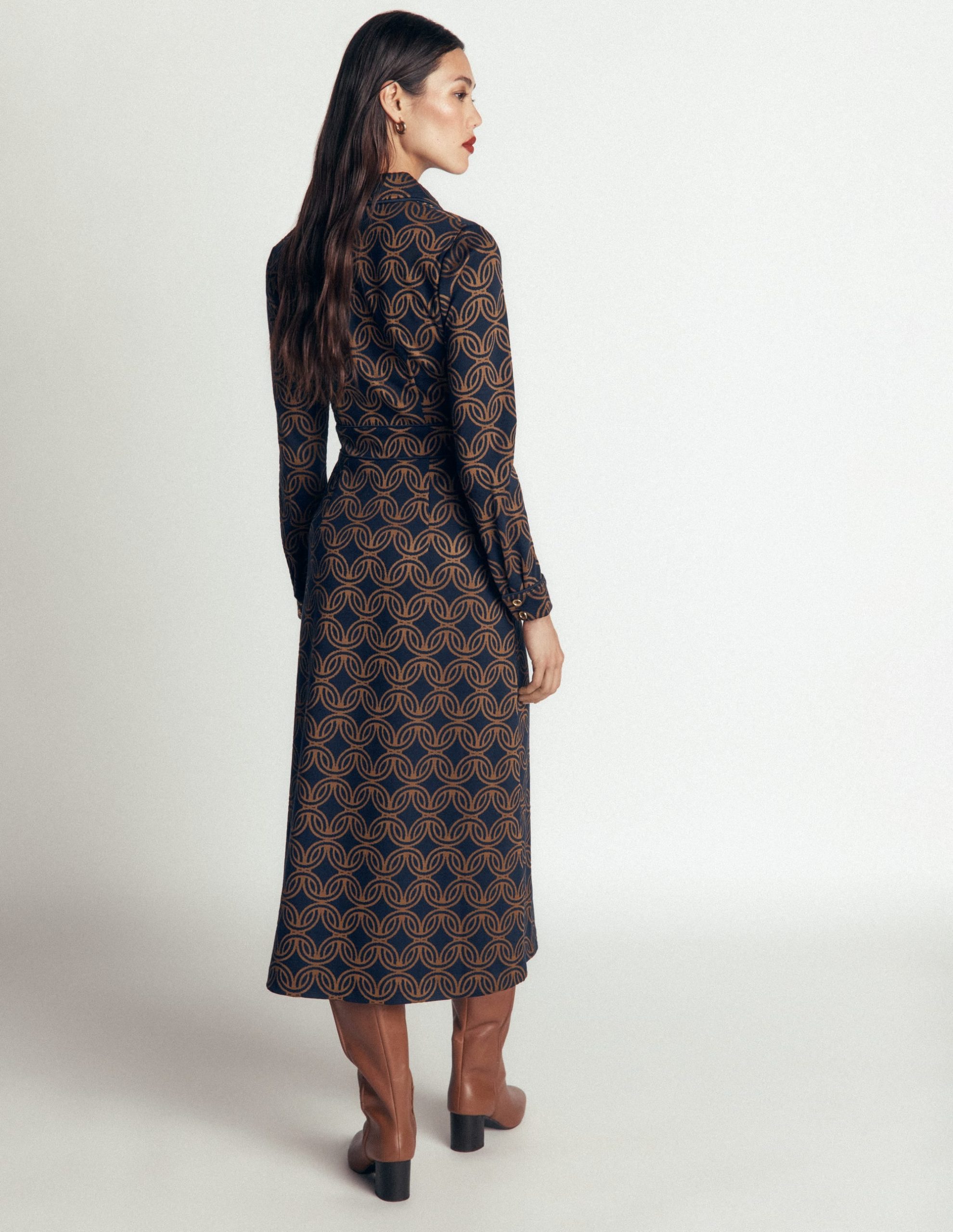 Etta Piping Detail Ponte Dress-Navy. Geo Parade Mono - Image 2