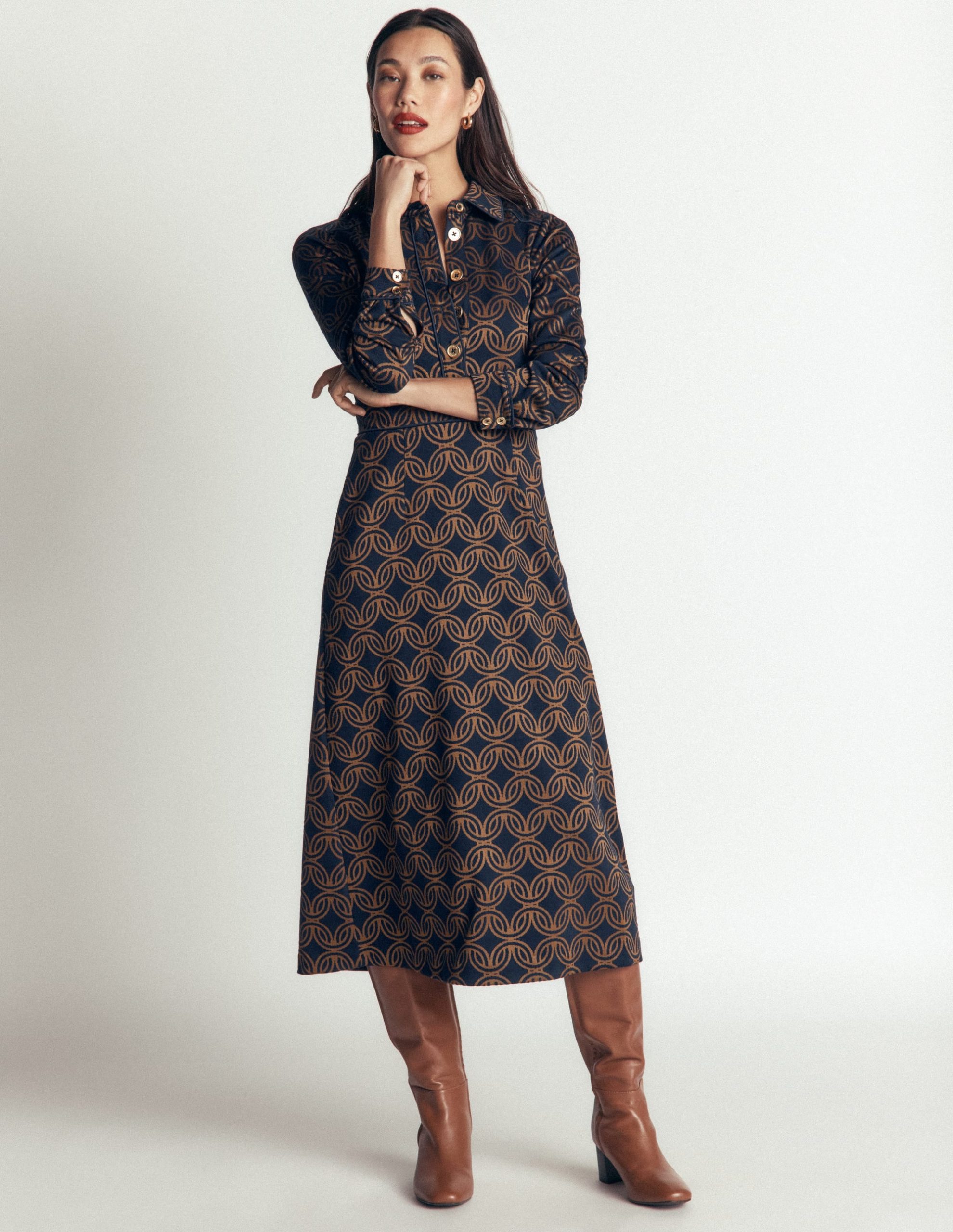 Etta Piping Detail Ponte Dress-Navy. Geo Parade Mono - Image 3