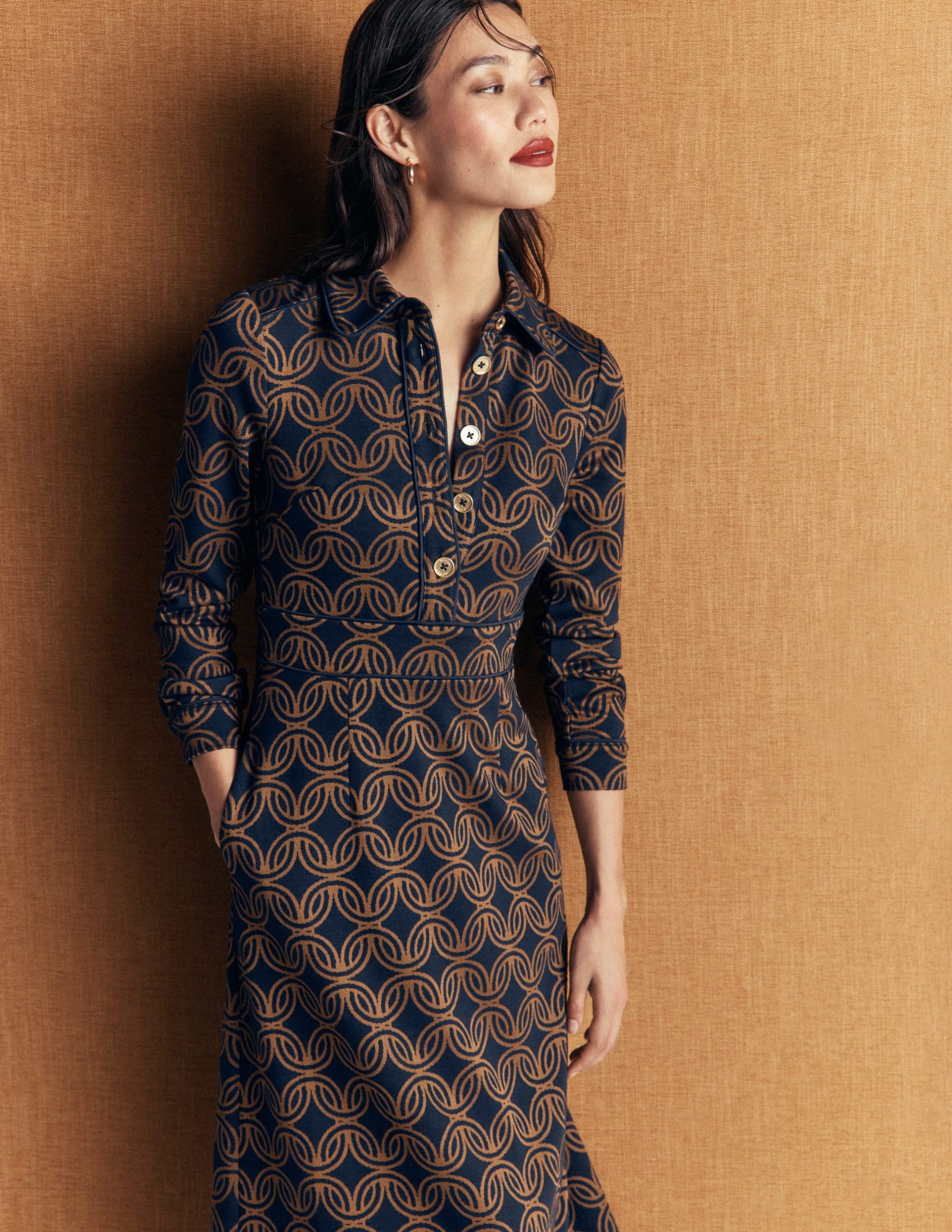 Etta Piping Detail Ponte Dress-Navy. Geo Parade Mono - Image 5