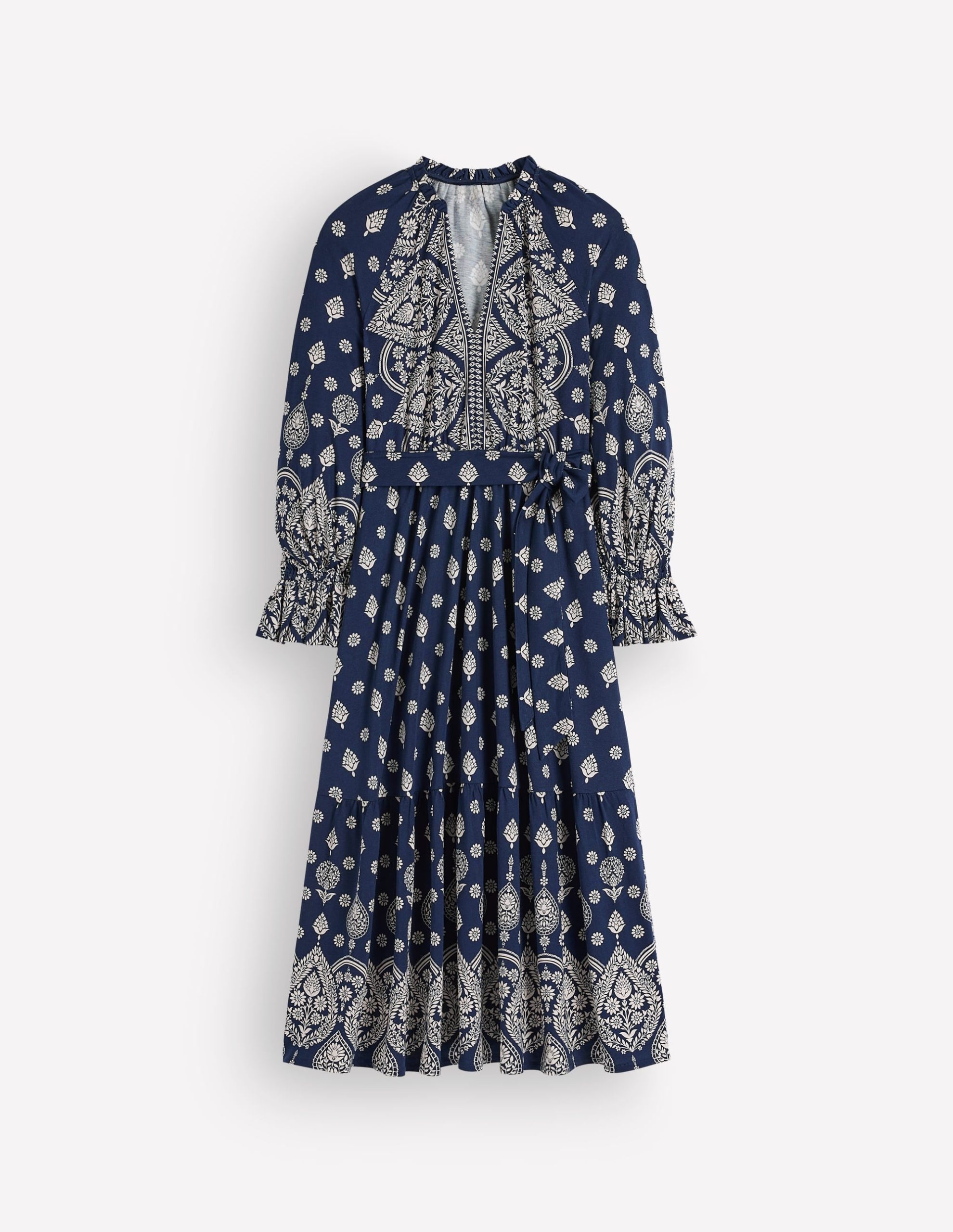 Blouson Tiered Jersey Dress-French Navy. Ornate Gardenia - Image 7