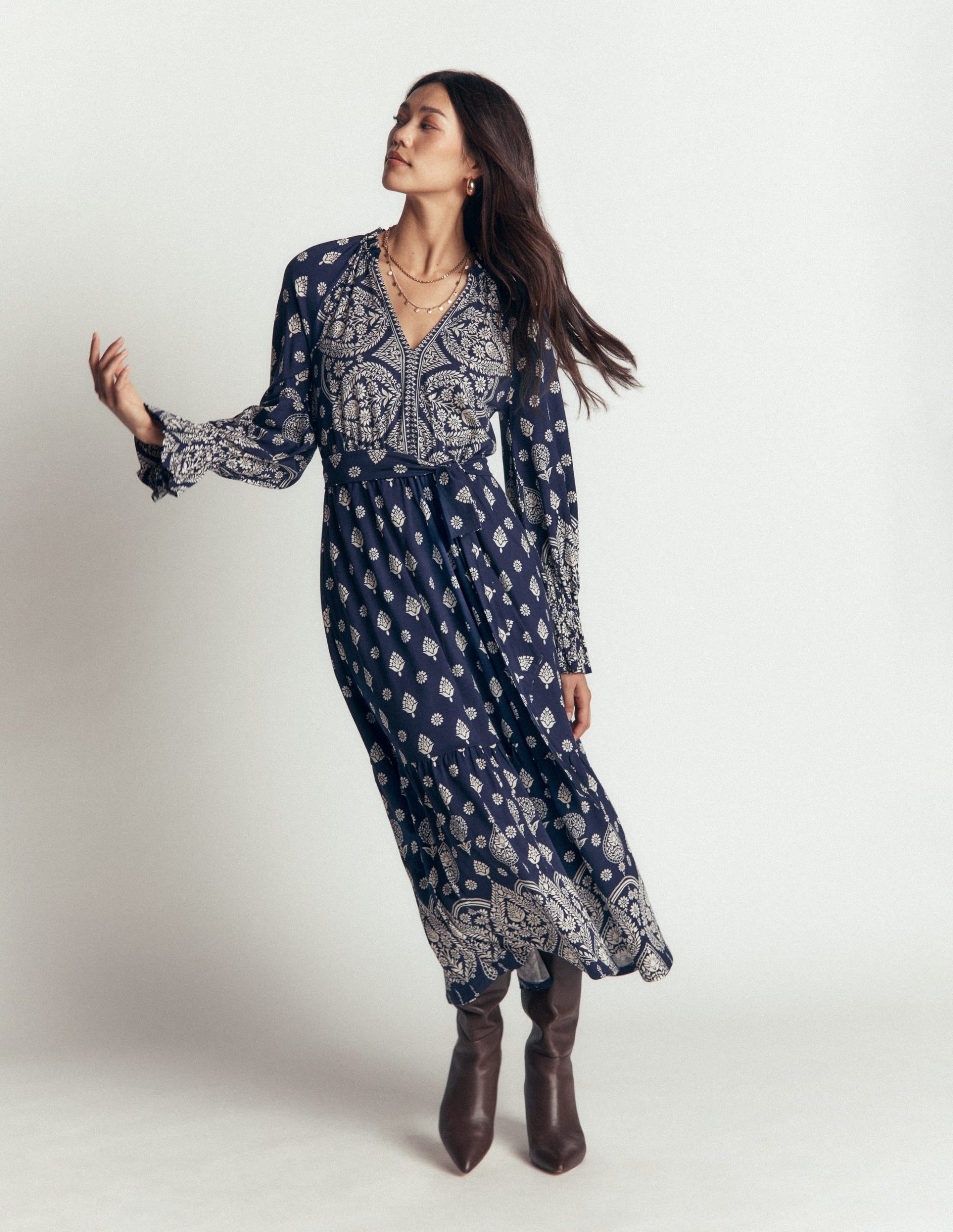 Blouson Tiered Jersey Dress-French Navy. Ornate Gardenia - Image 2