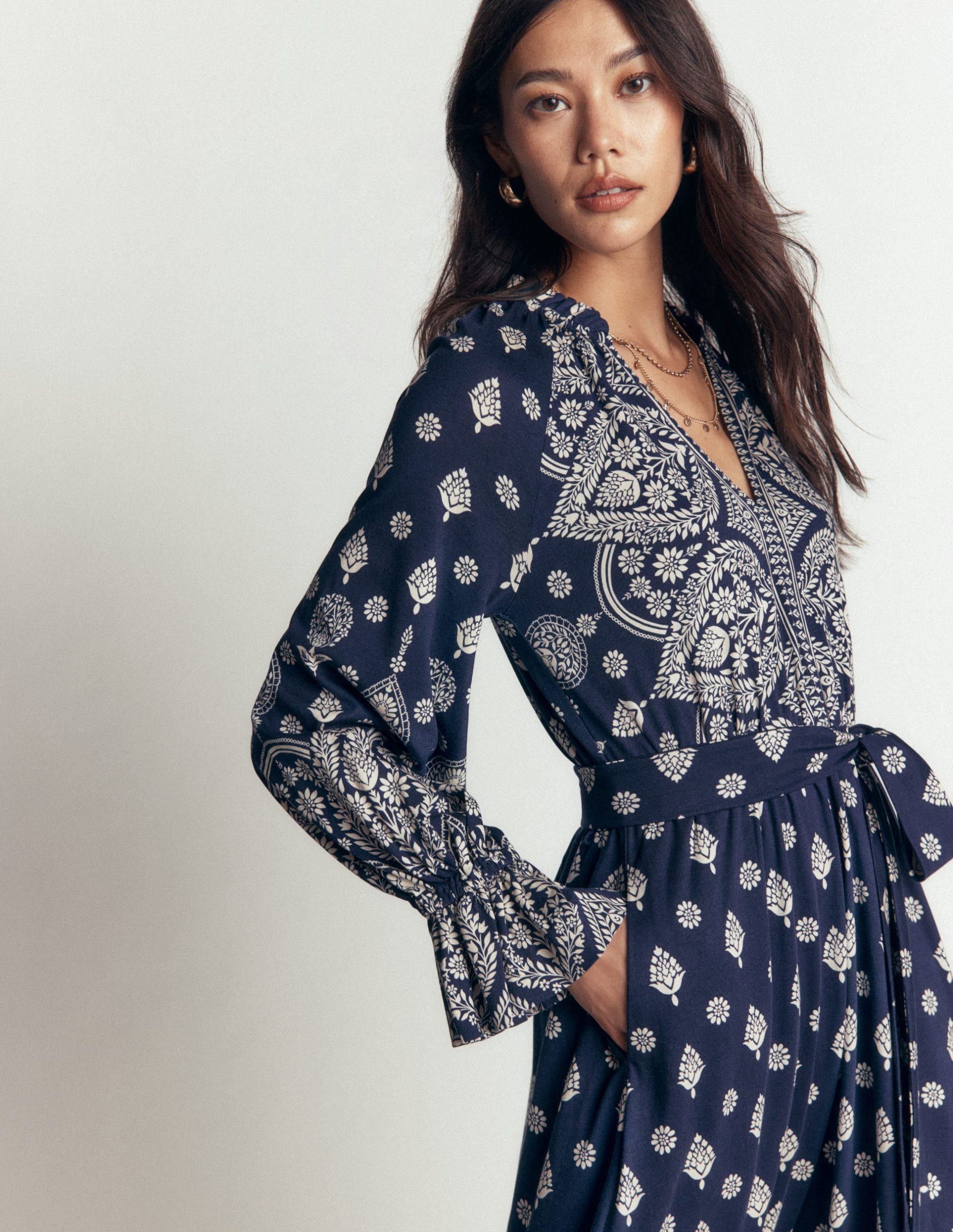 Blouson Tiered Jersey Dress-French Navy. Ornate Gardenia - Image 3