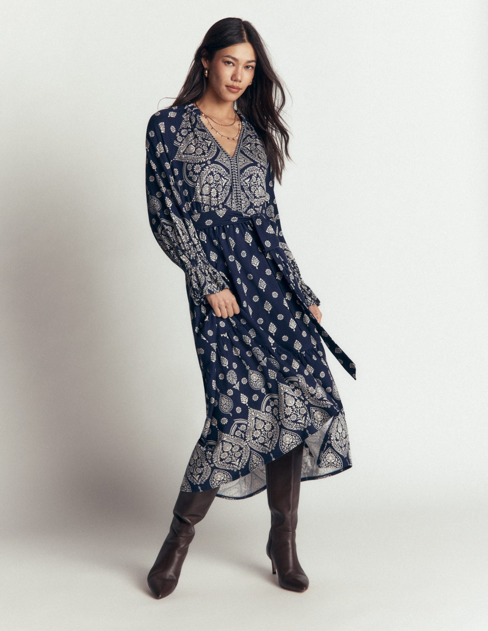 Blouson Tiered Jersey Dress-French Navy. Ornate Gardenia - Image 5