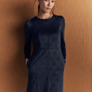 Marla Seamed Ottoman Dress-Navy and Forest Glade Jacquard