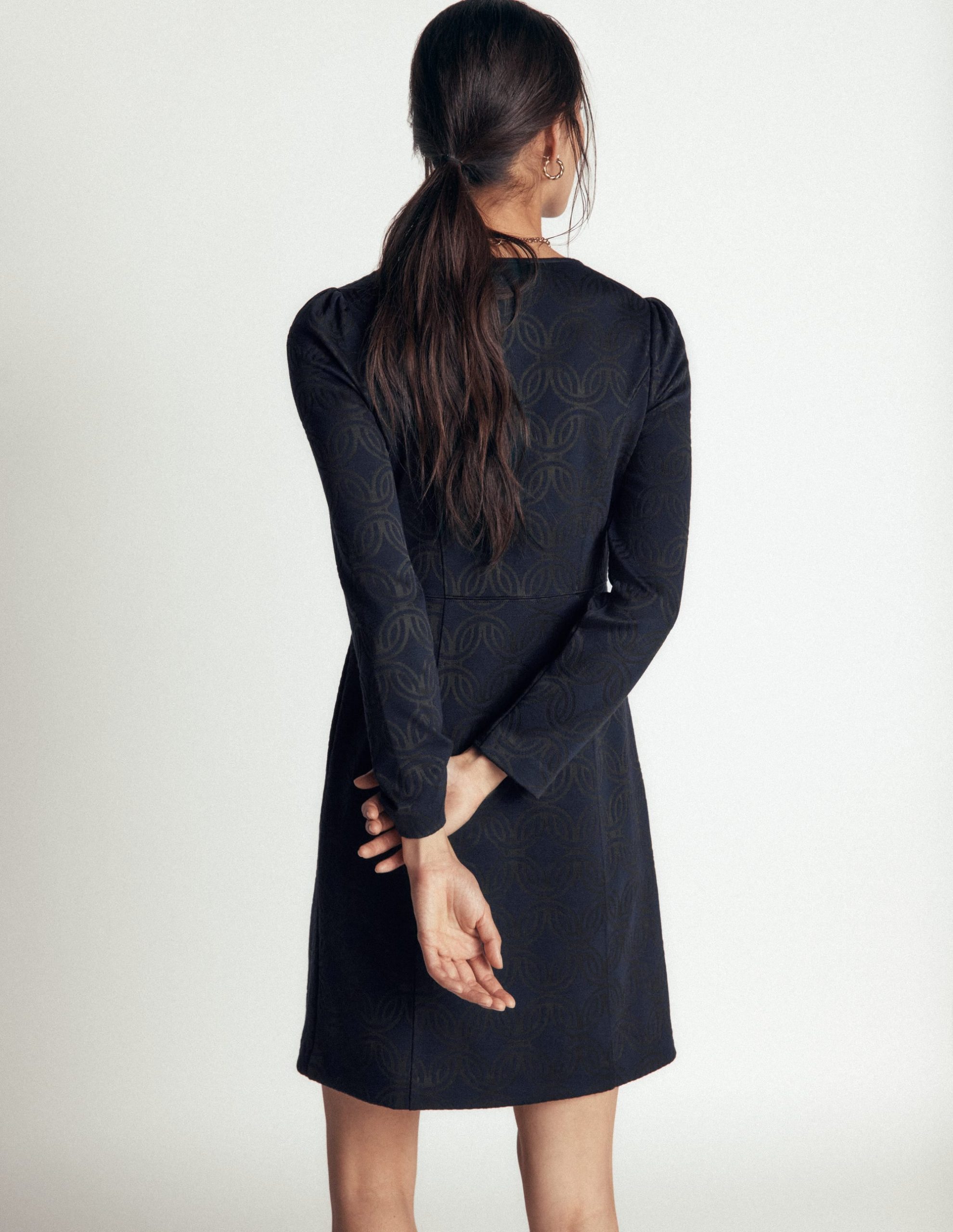 Marla Seamed Ottoman Dress-Navy and Forest Glade Jacquard - Image 3