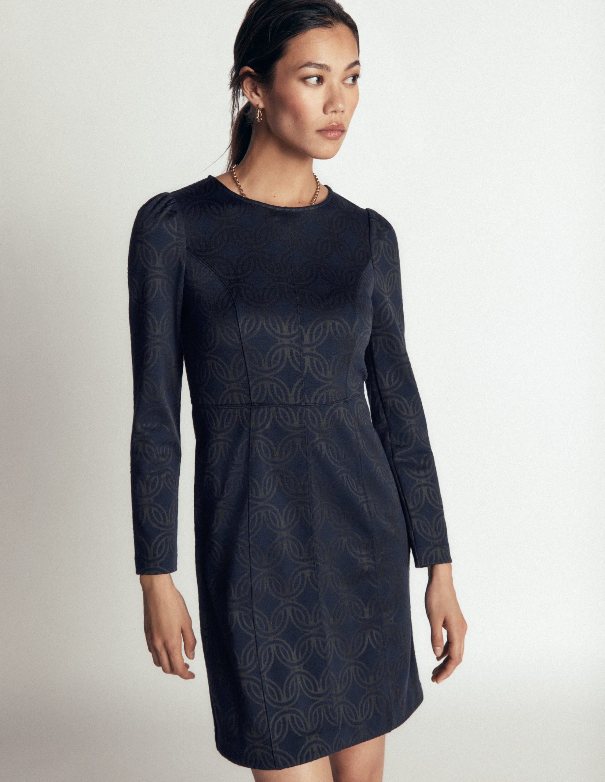 Marla Seamed Ottoman Dress-Navy and Forest Glade Jacquard - Image 4