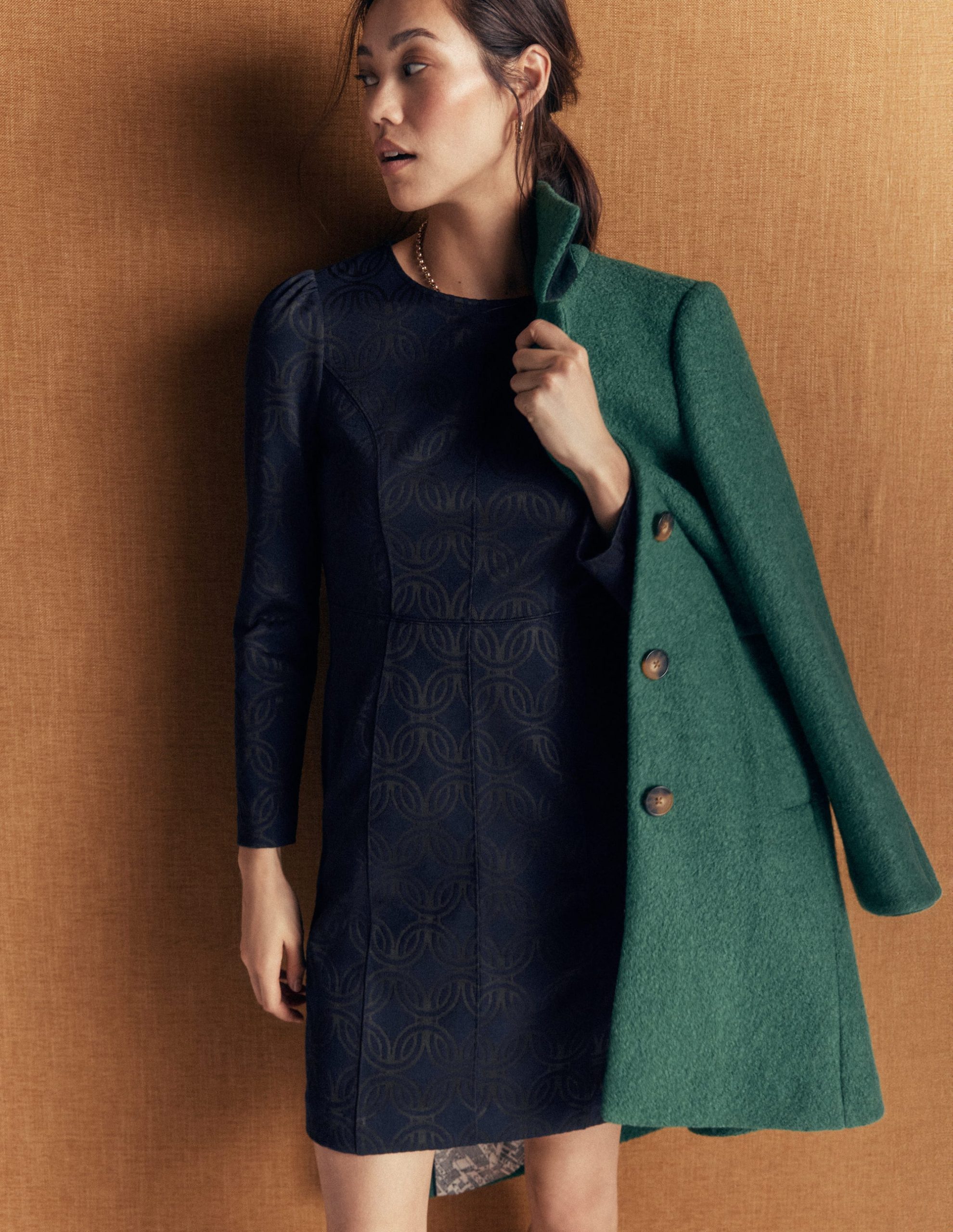 Marla Seamed Ottoman Dress-Navy and Forest Glade Jacquard - Image 5