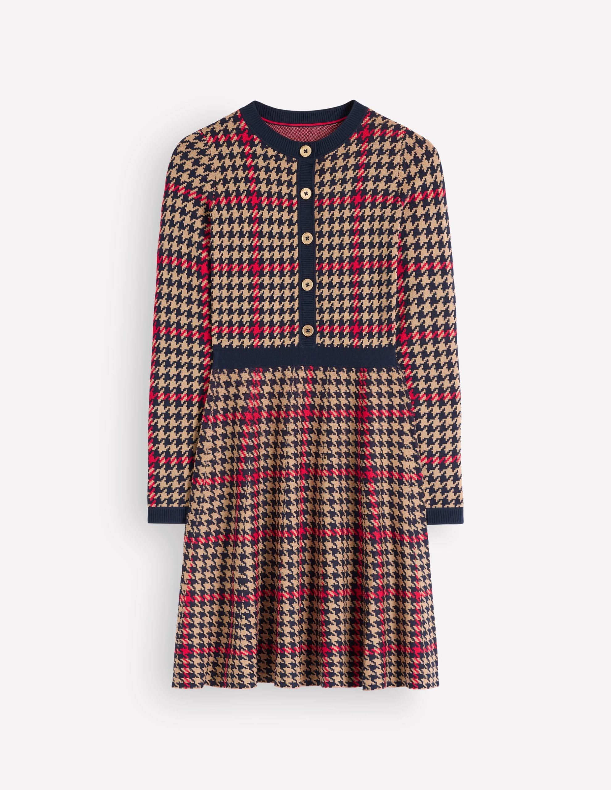 Crew Neck Jacquard Dress-Navy. Camel. Red Check - Image 7