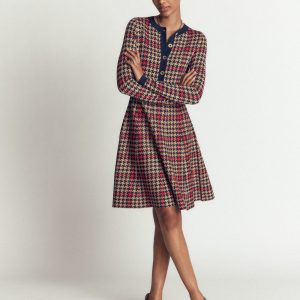 Crew Neck Jacquard Dress-Navy. Camel. Red Check