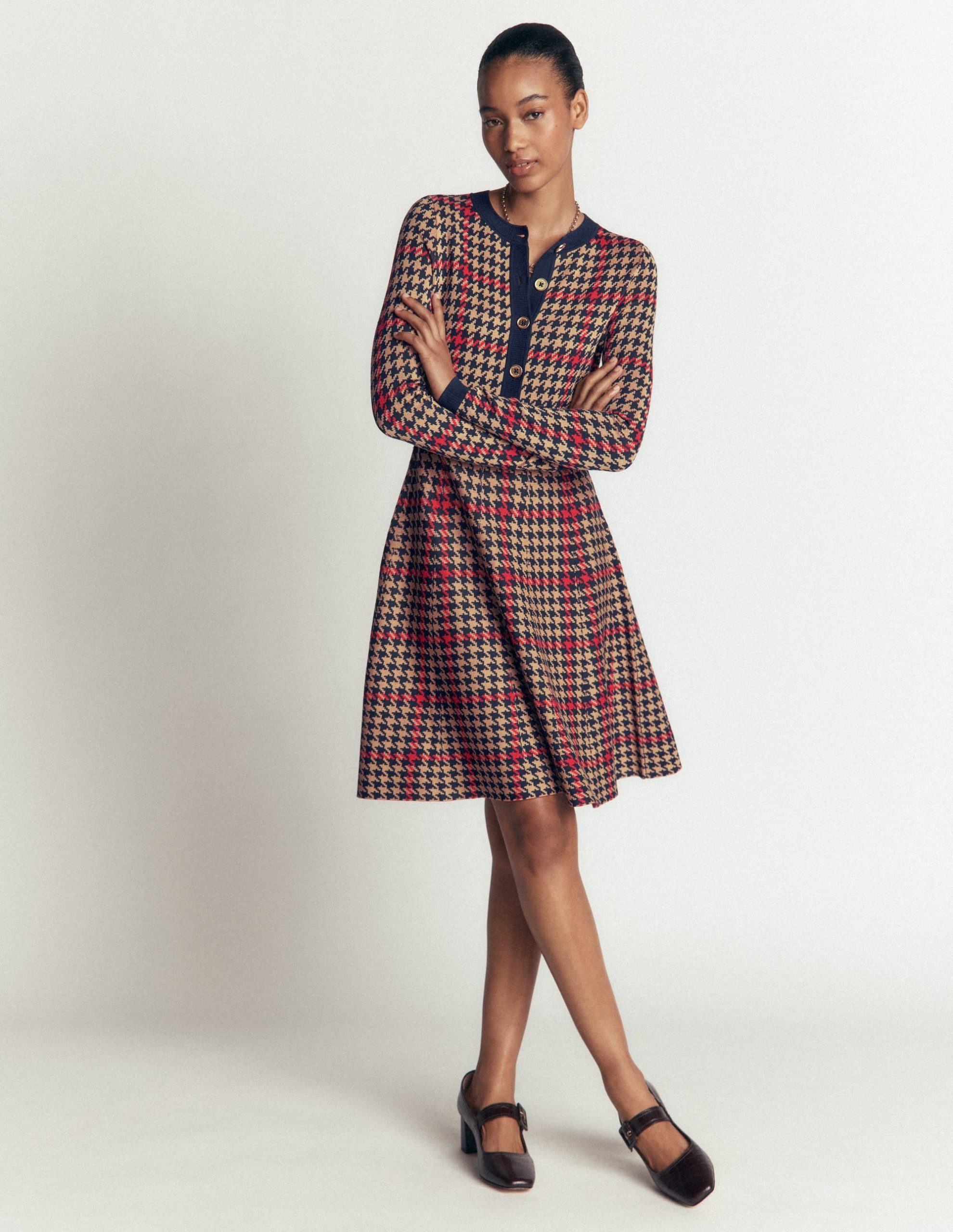 Crew Neck Jacquard Dress-Navy. Camel. Red Check