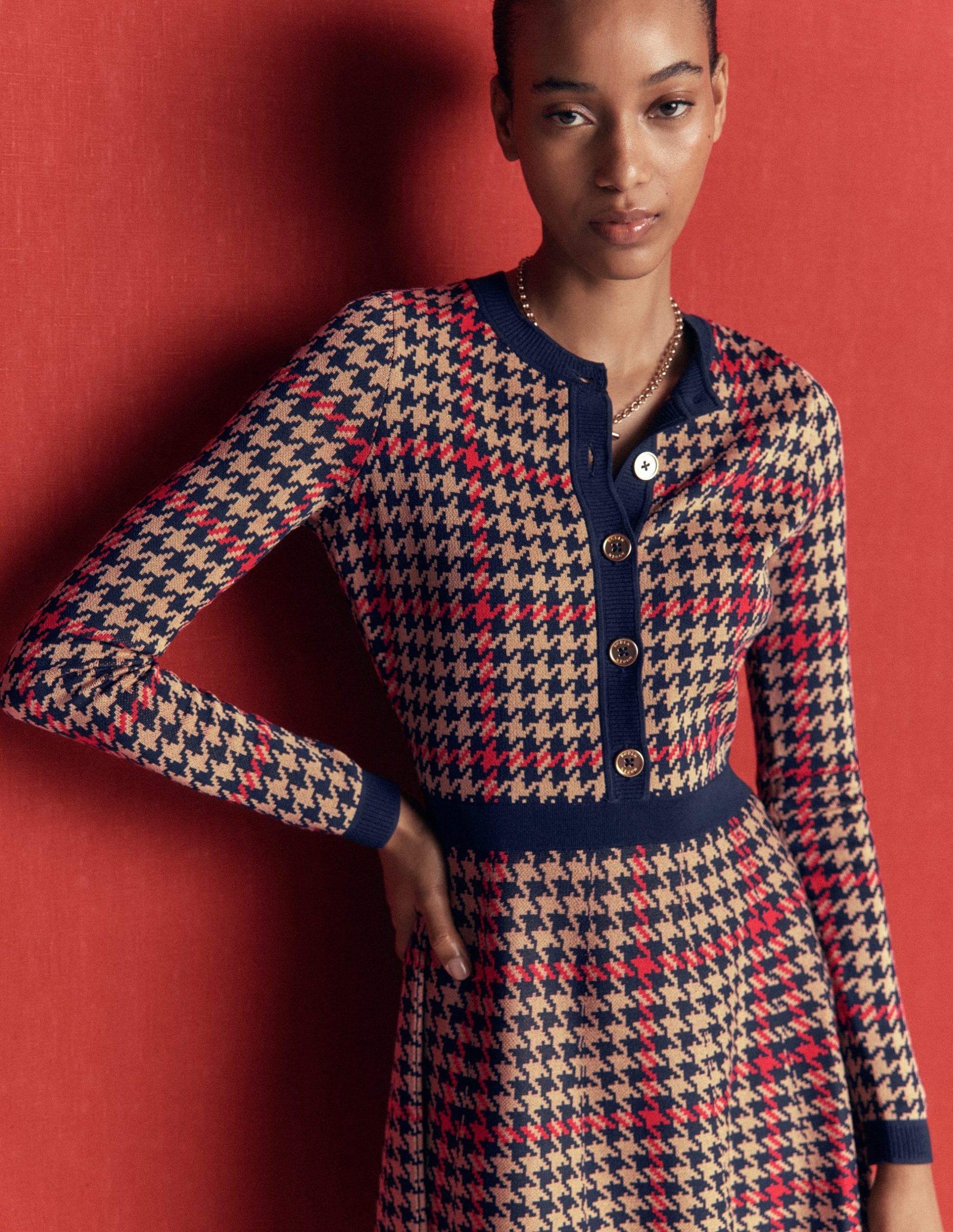 Crew Neck Jacquard Dress-Navy. Camel. Red Check - Image 2