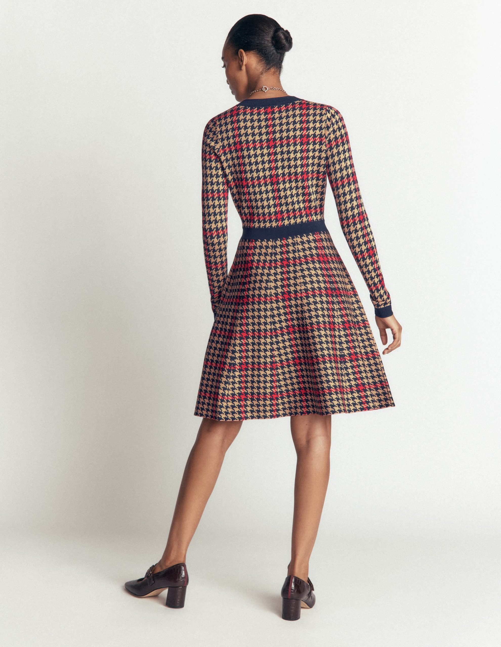 Crew Neck Jacquard Dress-Navy. Camel. Red Check - Image 3