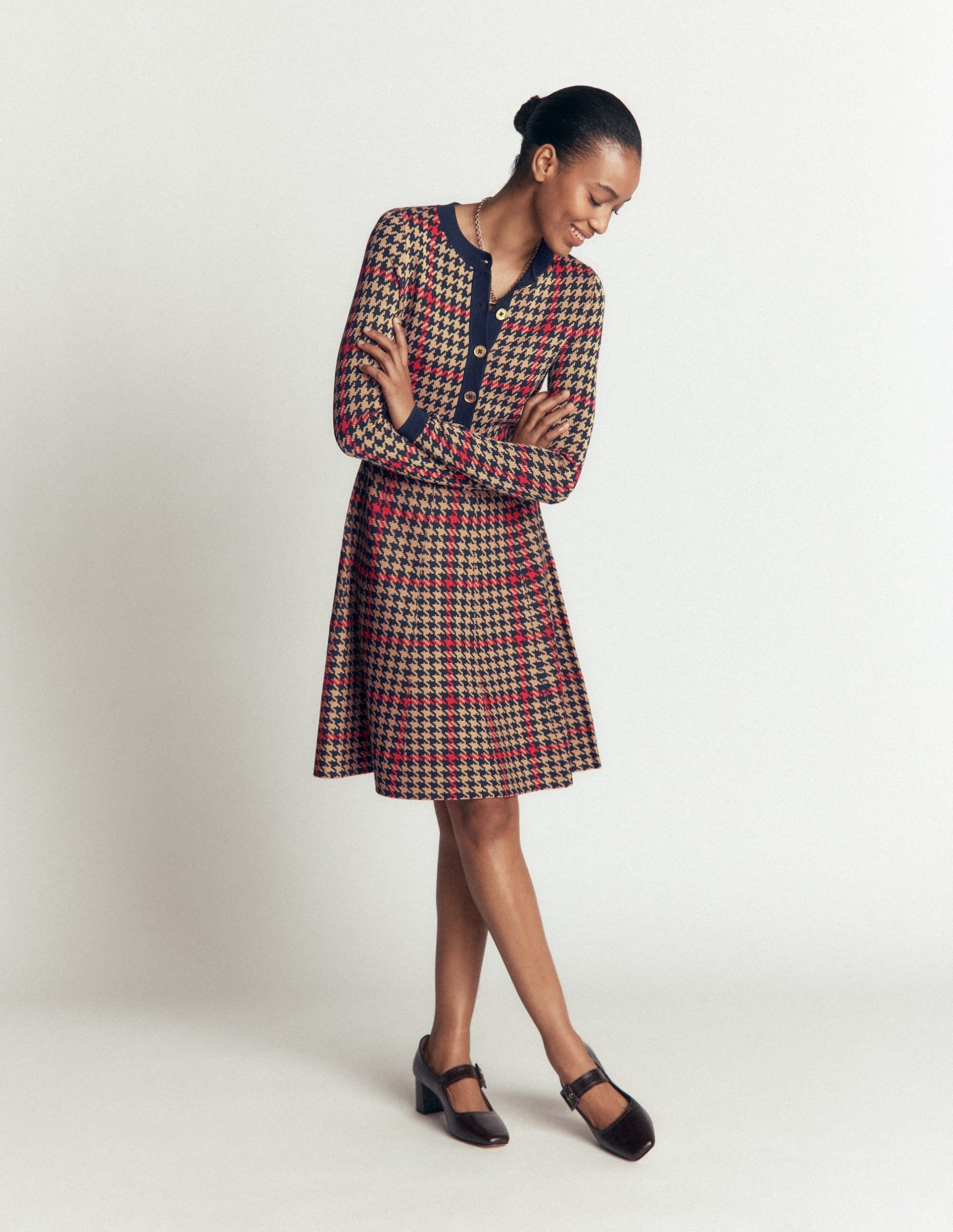 Crew Neck Jacquard Dress-Navy. Camel. Red Check - Image 4