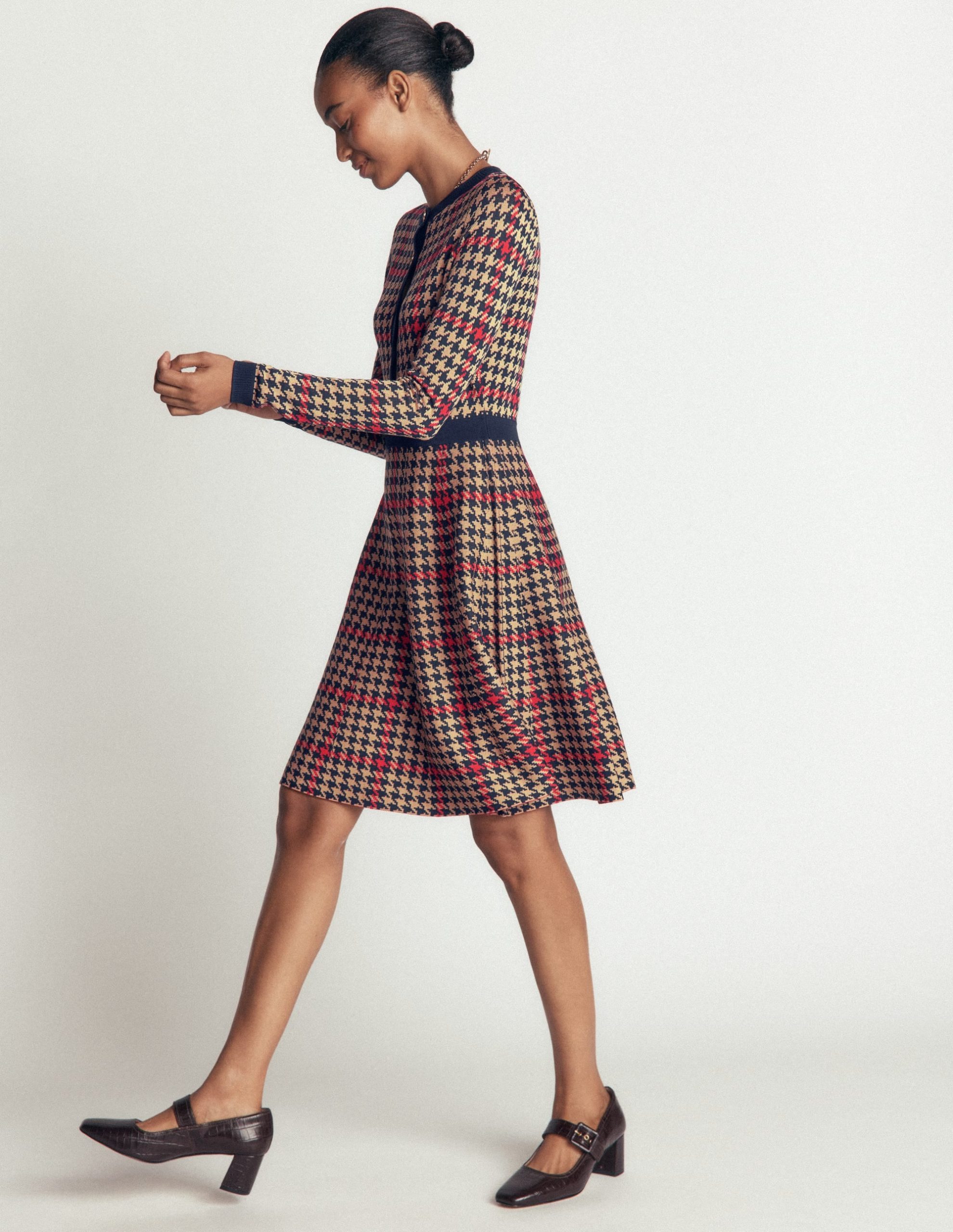 Crew Neck Jacquard Dress-Navy. Camel. Red Check - Image 5