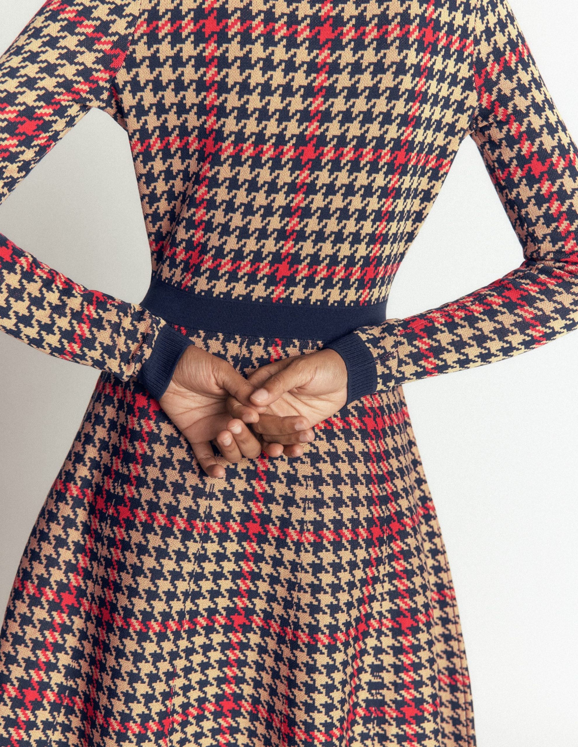Crew Neck Jacquard Dress-Navy. Camel. Red Check - Image 6