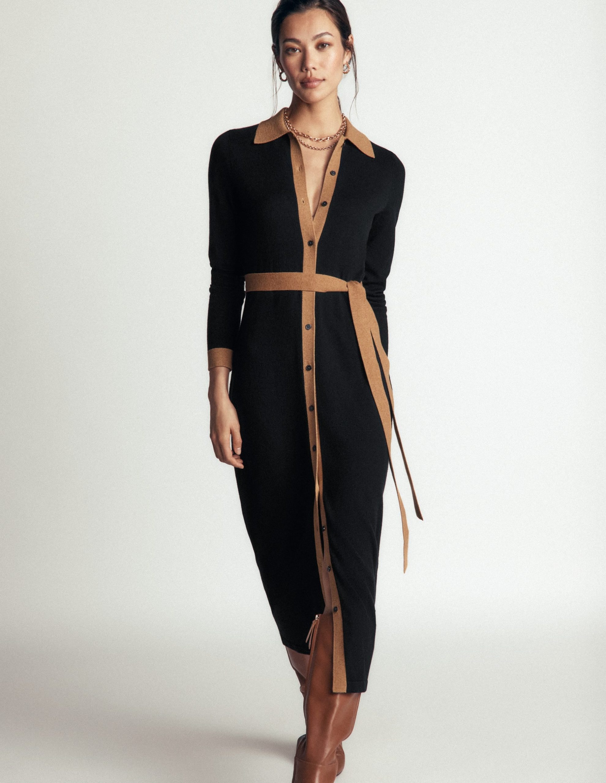 Jessica Knitted Shirt Dress-Black and Fall leaf - Image 4