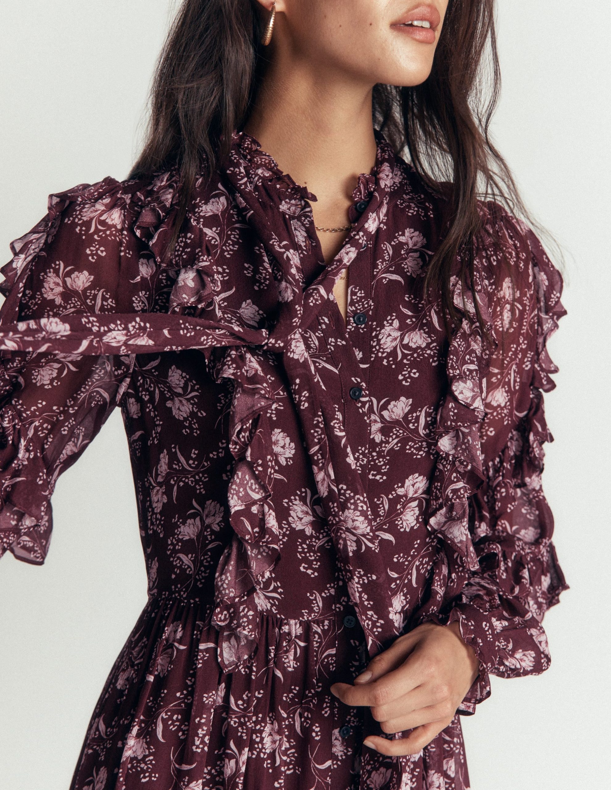 Ruffle Tie Neck Dress-Brown. Enchanted Sprigs - Image 3