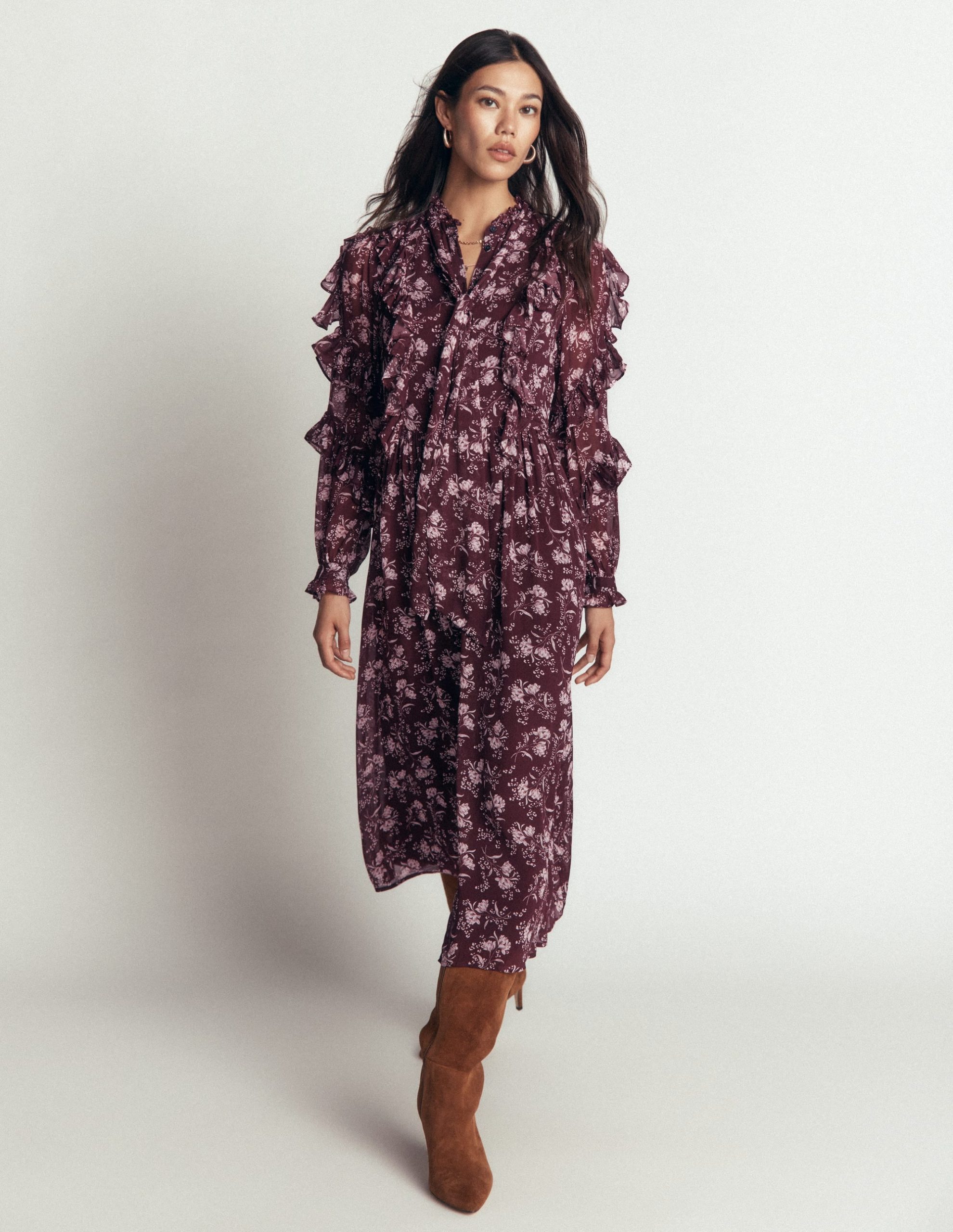 Ruffle Tie Neck Dress-Brown. Enchanted Sprigs - Image 5