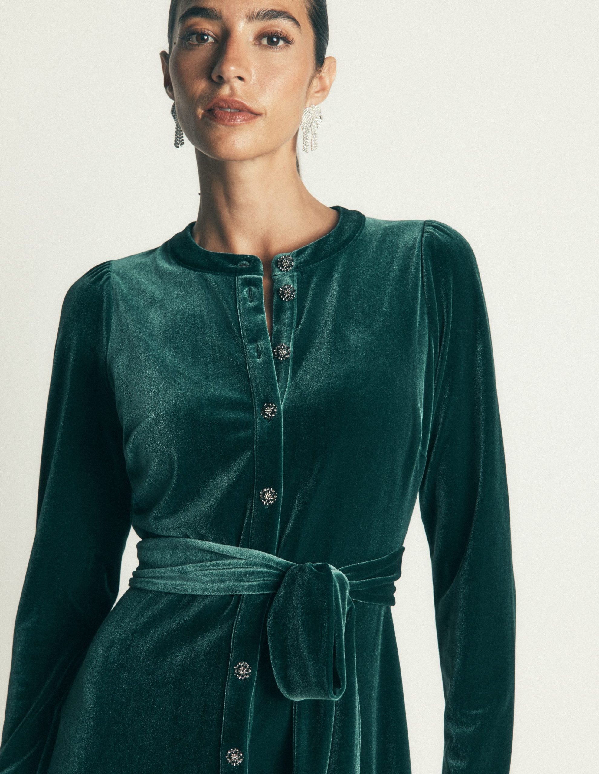 Honor Column Velvet Midi Dress-Emerald Night - Image 2