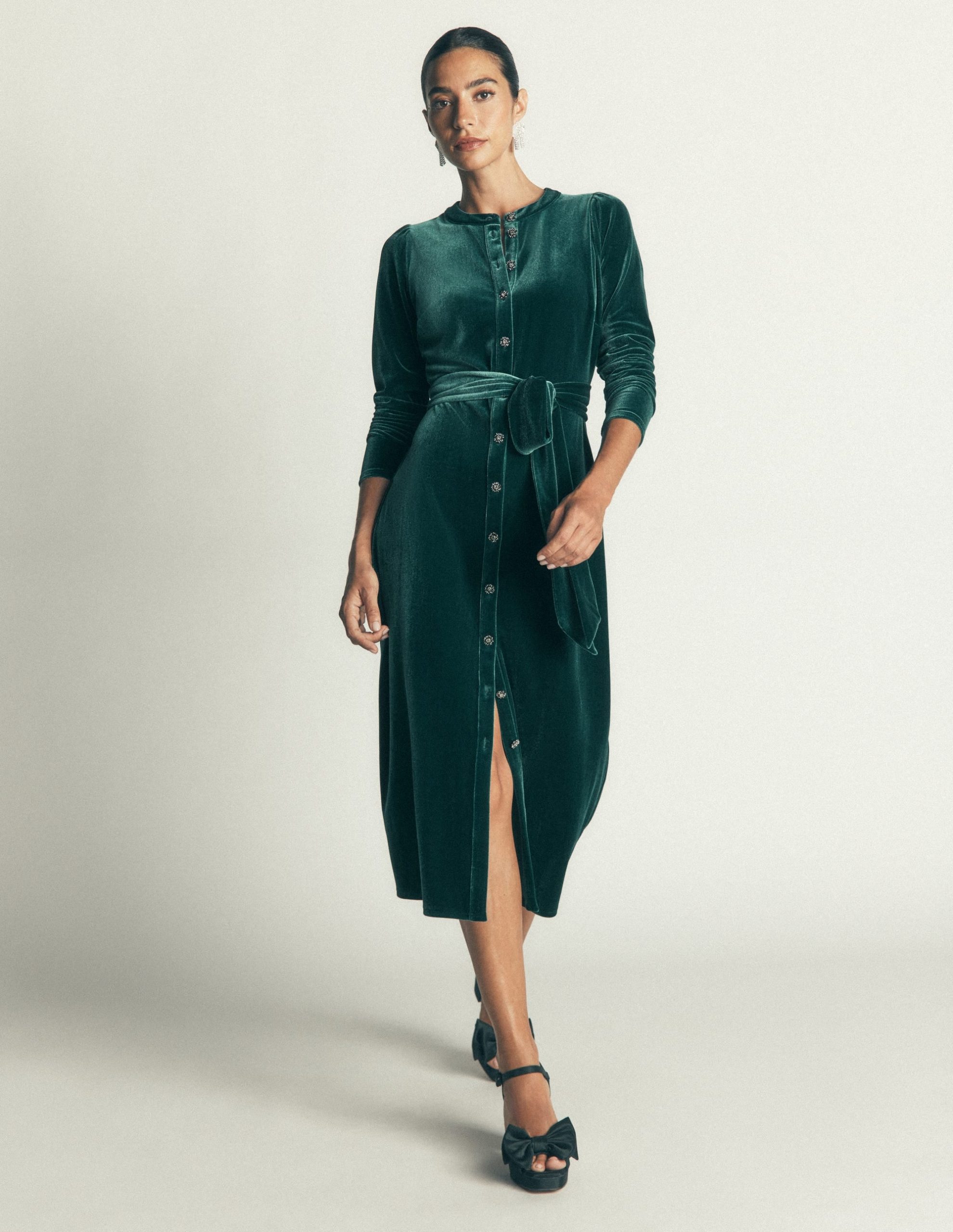 Honor Column Velvet Midi Dress-Emerald Night - Image 4