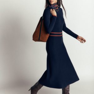 Contrast Tipped Knitted Dress-Navy