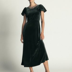 Draped Sleeve Velvet Dress-Scarab