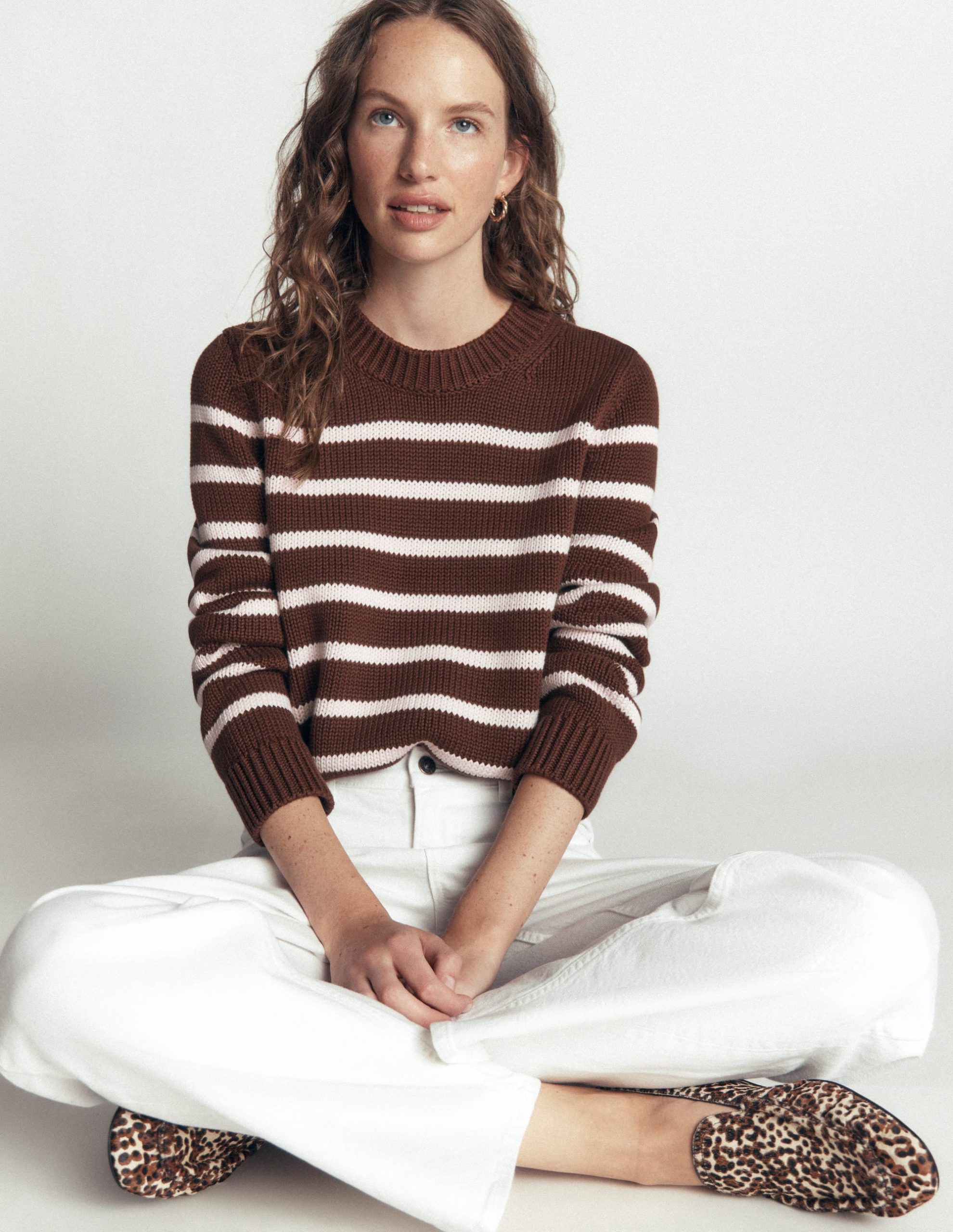 Lucy Chunky Cotton Sweater-brown. ivory stripe