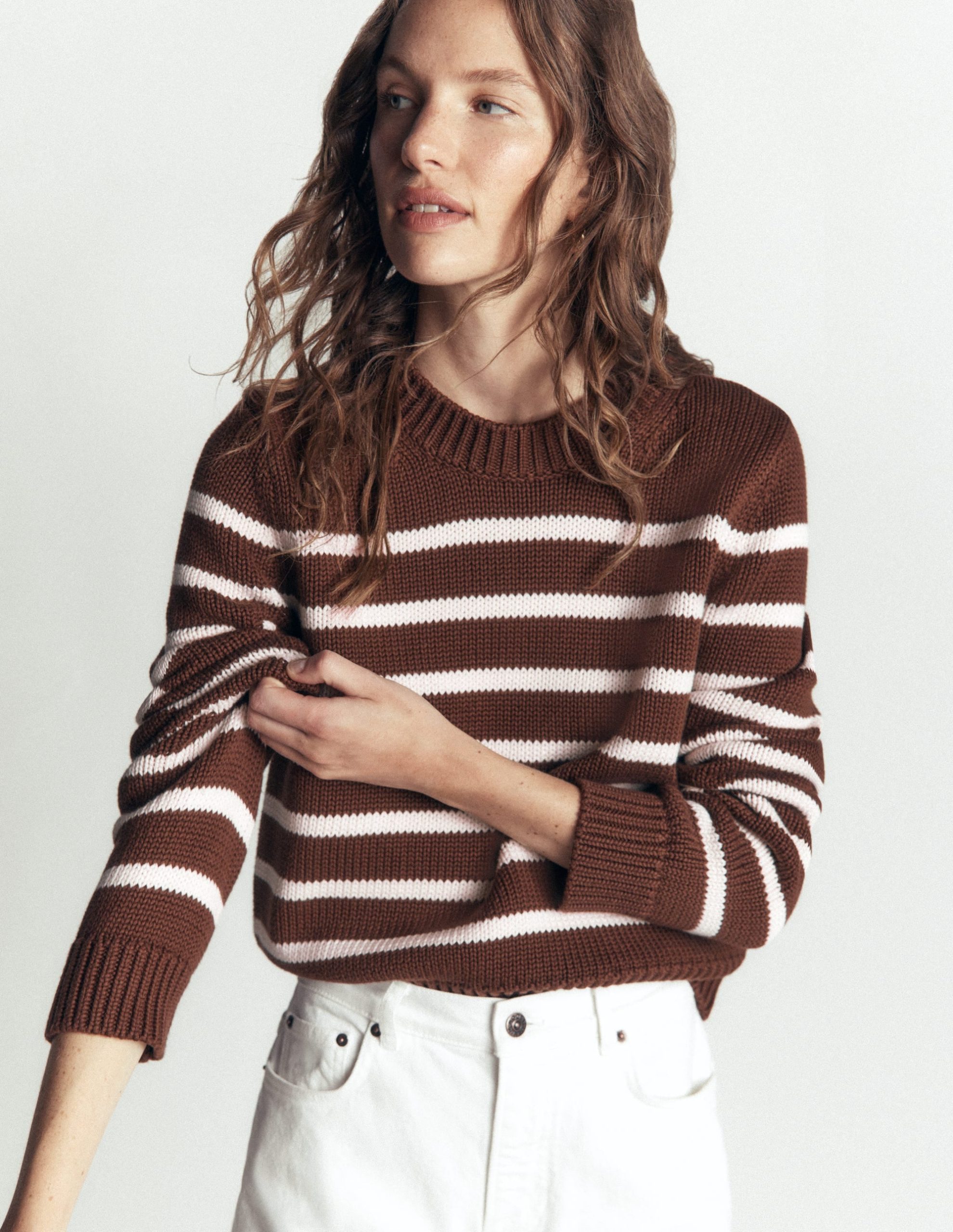 Lucy Chunky Cotton Sweater-brown. ivory stripe - Image 2