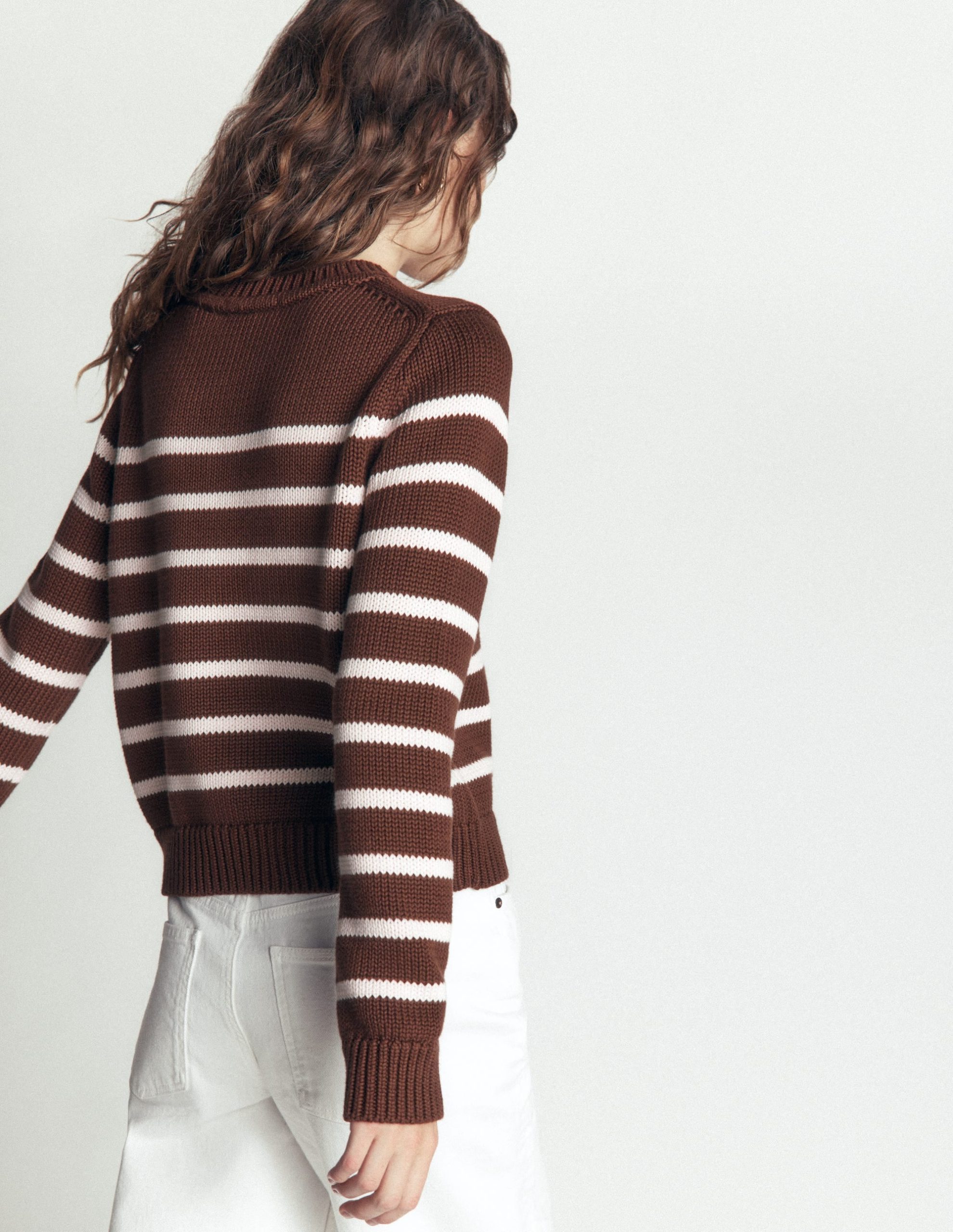 Lucy Chunky Cotton Sweater-brown. ivory stripe - Image 3