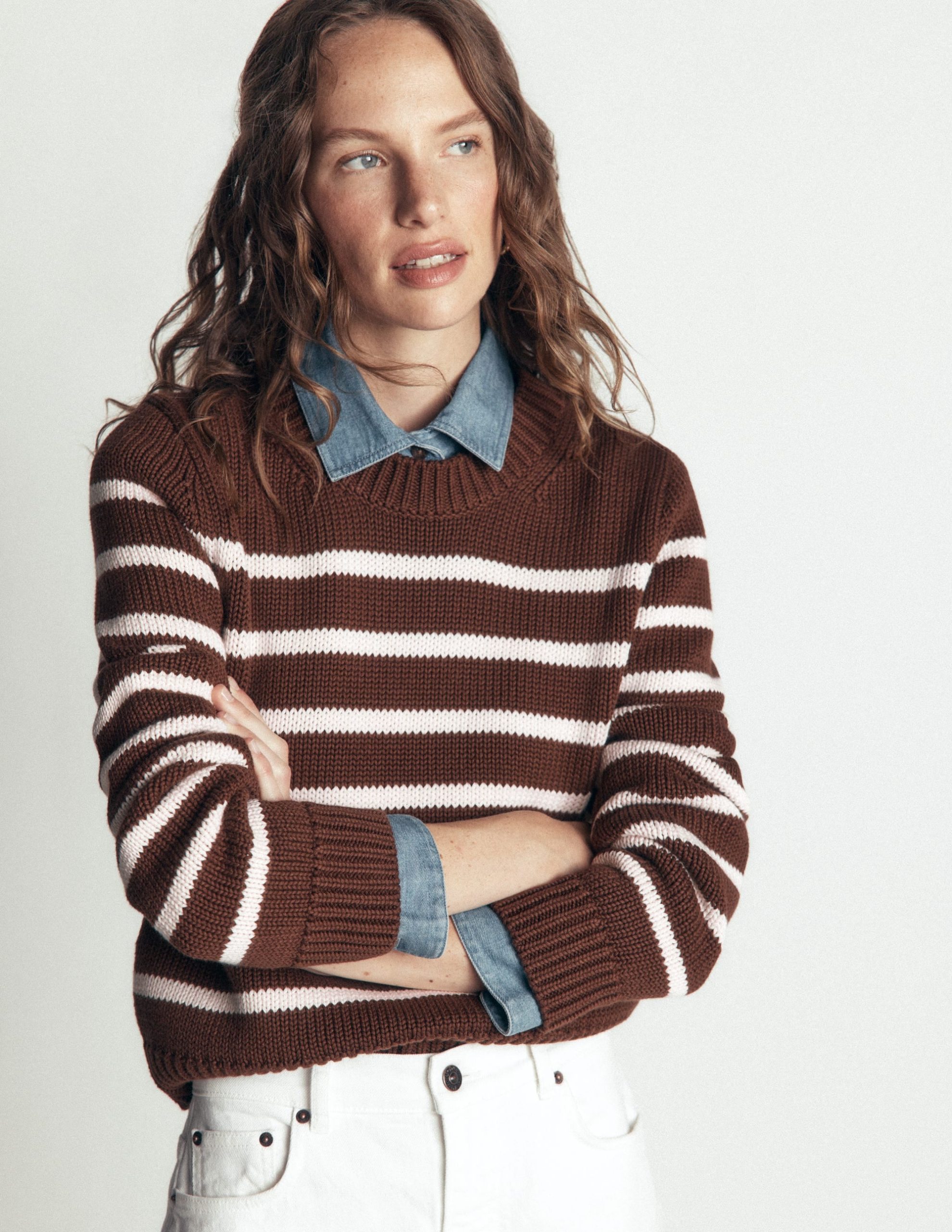 Lucy Chunky Cotton Sweater-brown. ivory stripe - Image 5
