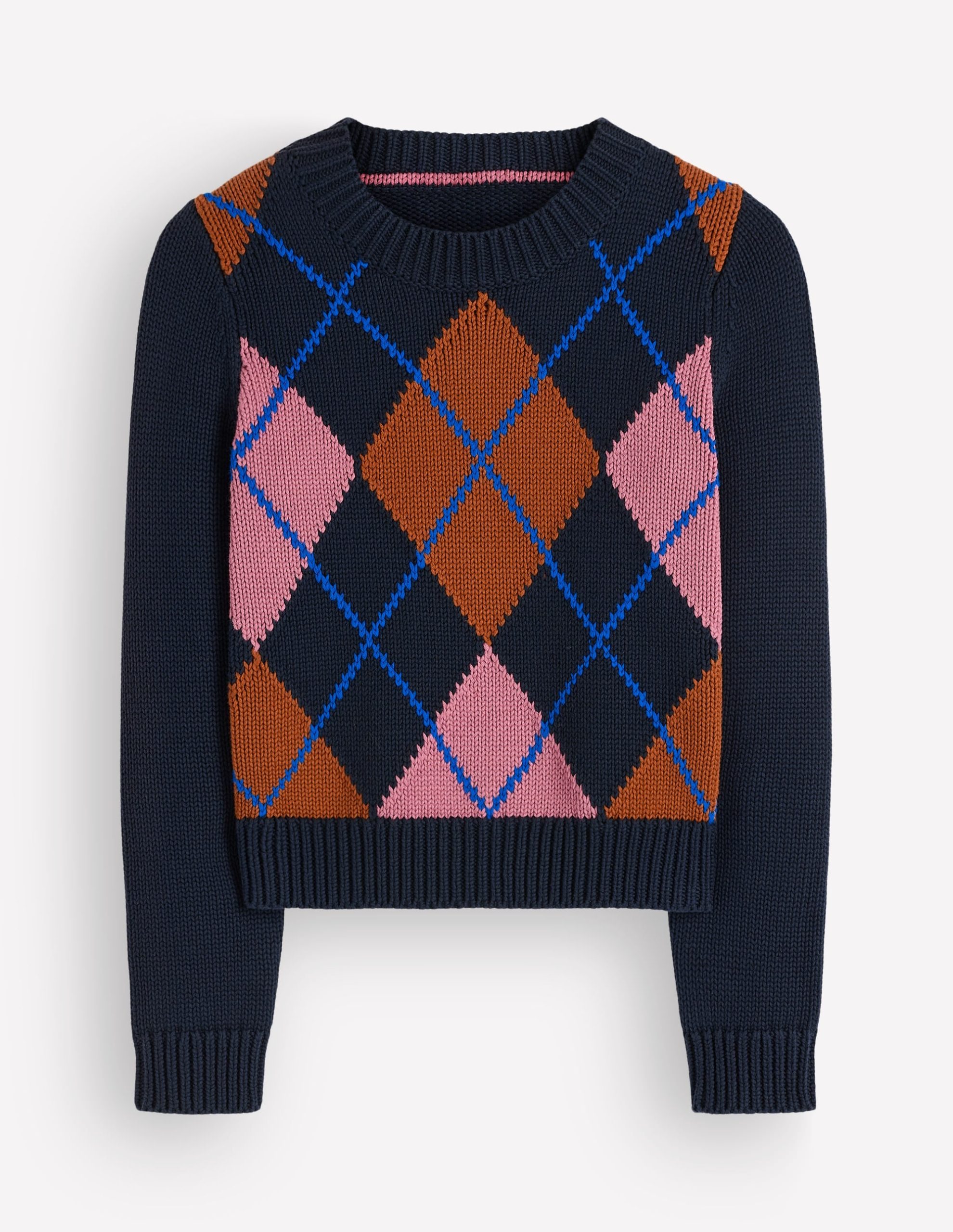 Lucy Chunky Cotton Sweater-navy. pink and brown argyle - Image 6