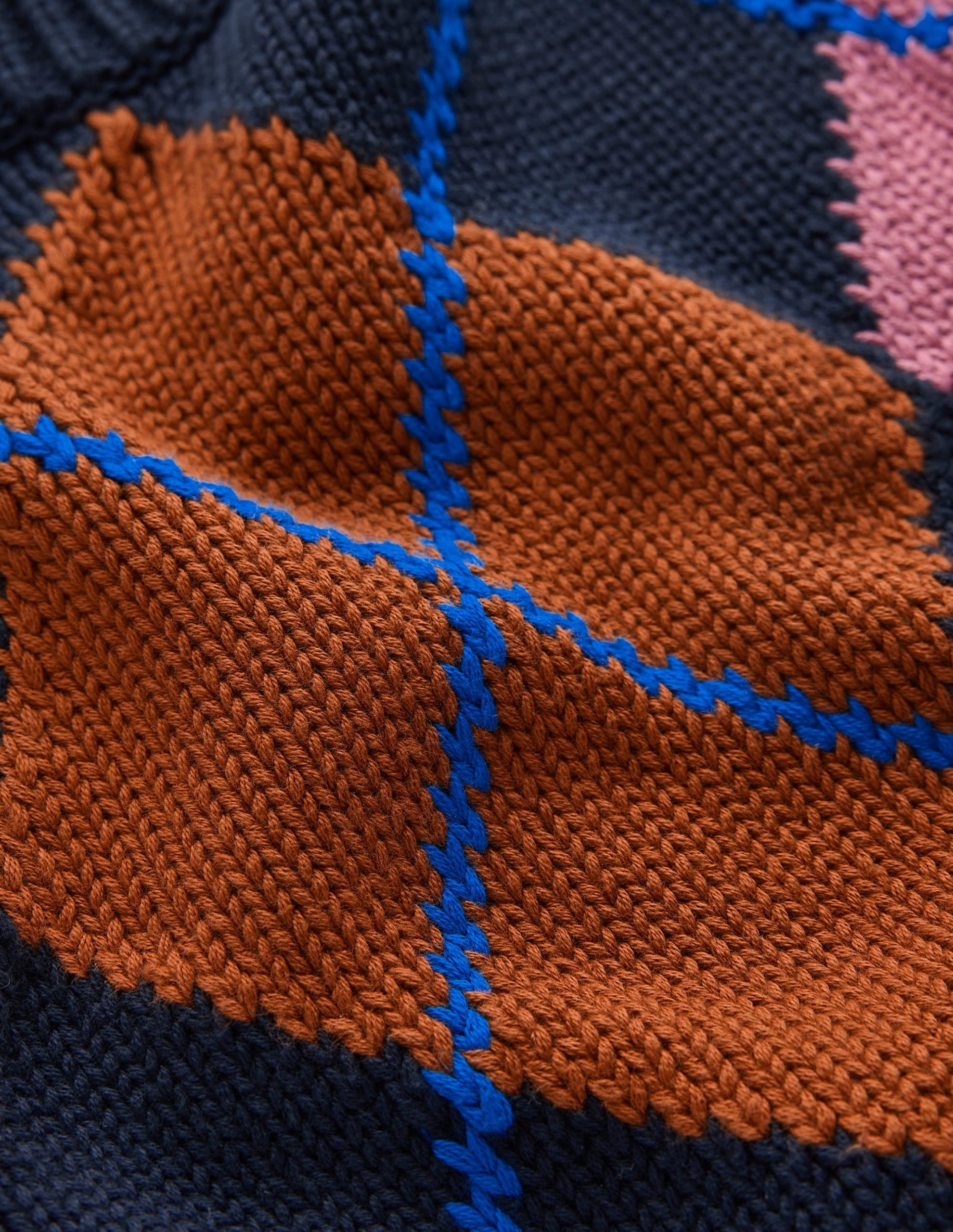 Lucy Chunky Cotton Sweater-navy. pink and brown argyle - Image 7