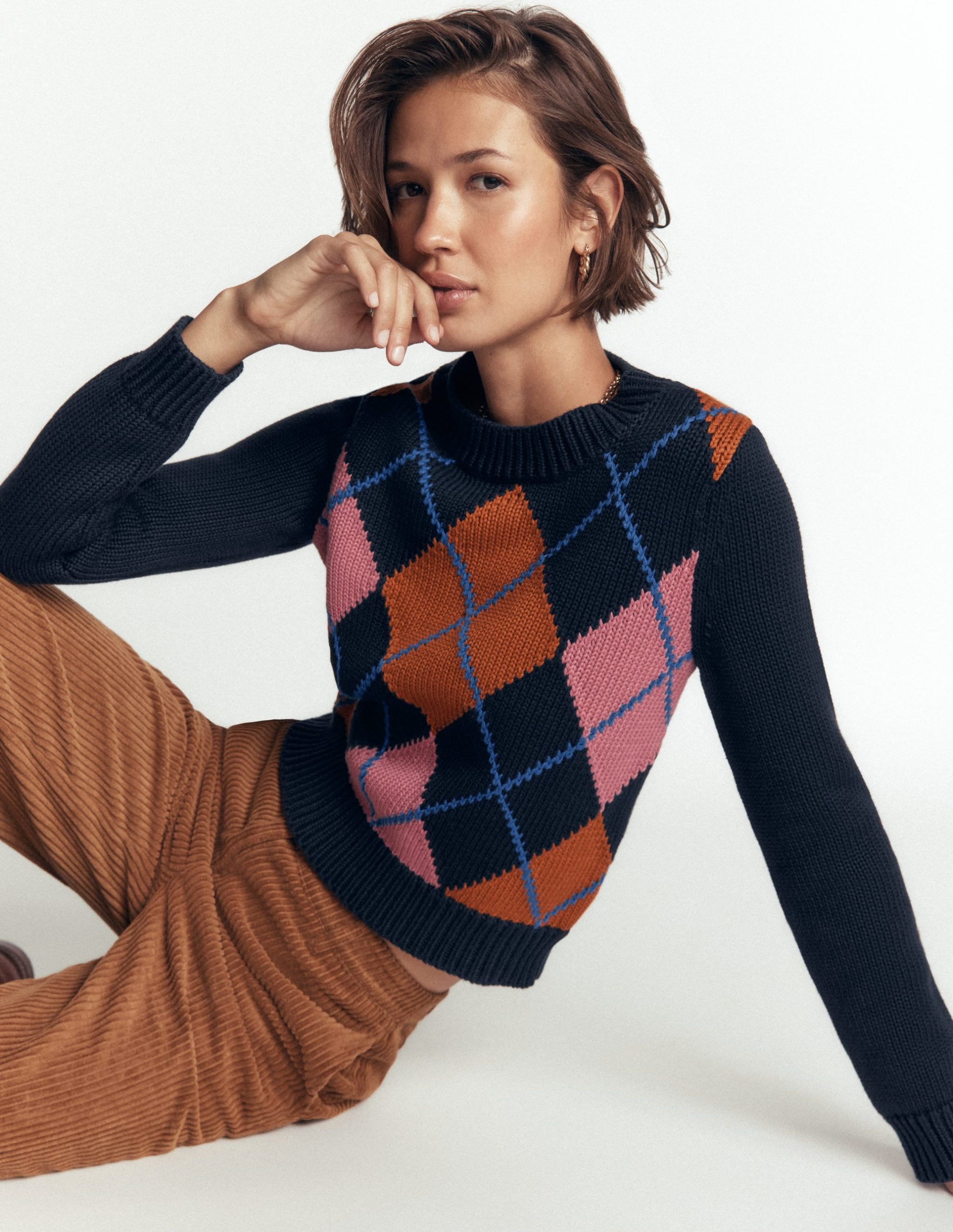 Lucy Chunky Cotton Sweater-navy. pink and brown argyle - Image 2