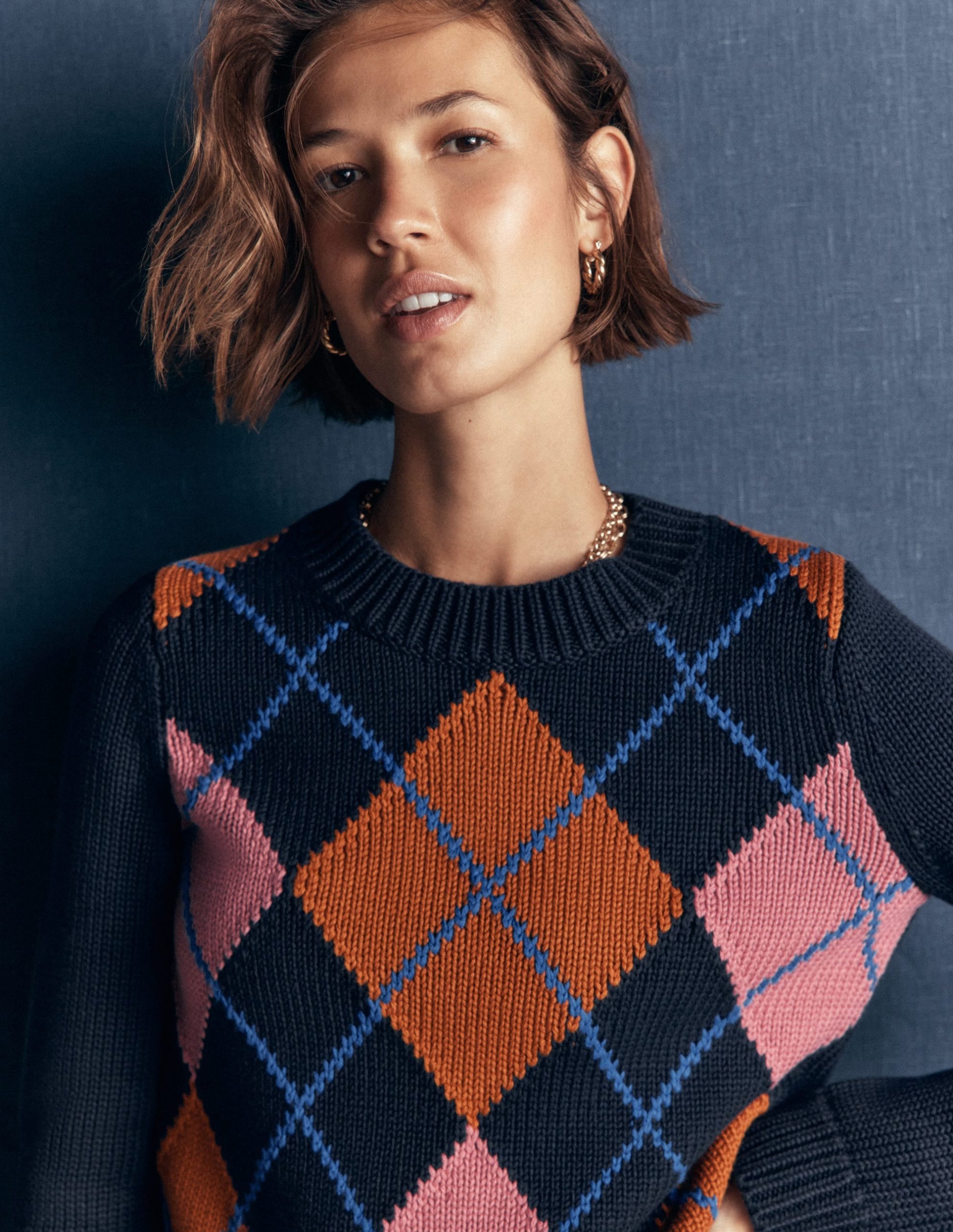 Lucy Chunky Cotton Sweater-navy. pink and brown argyle - Image 3