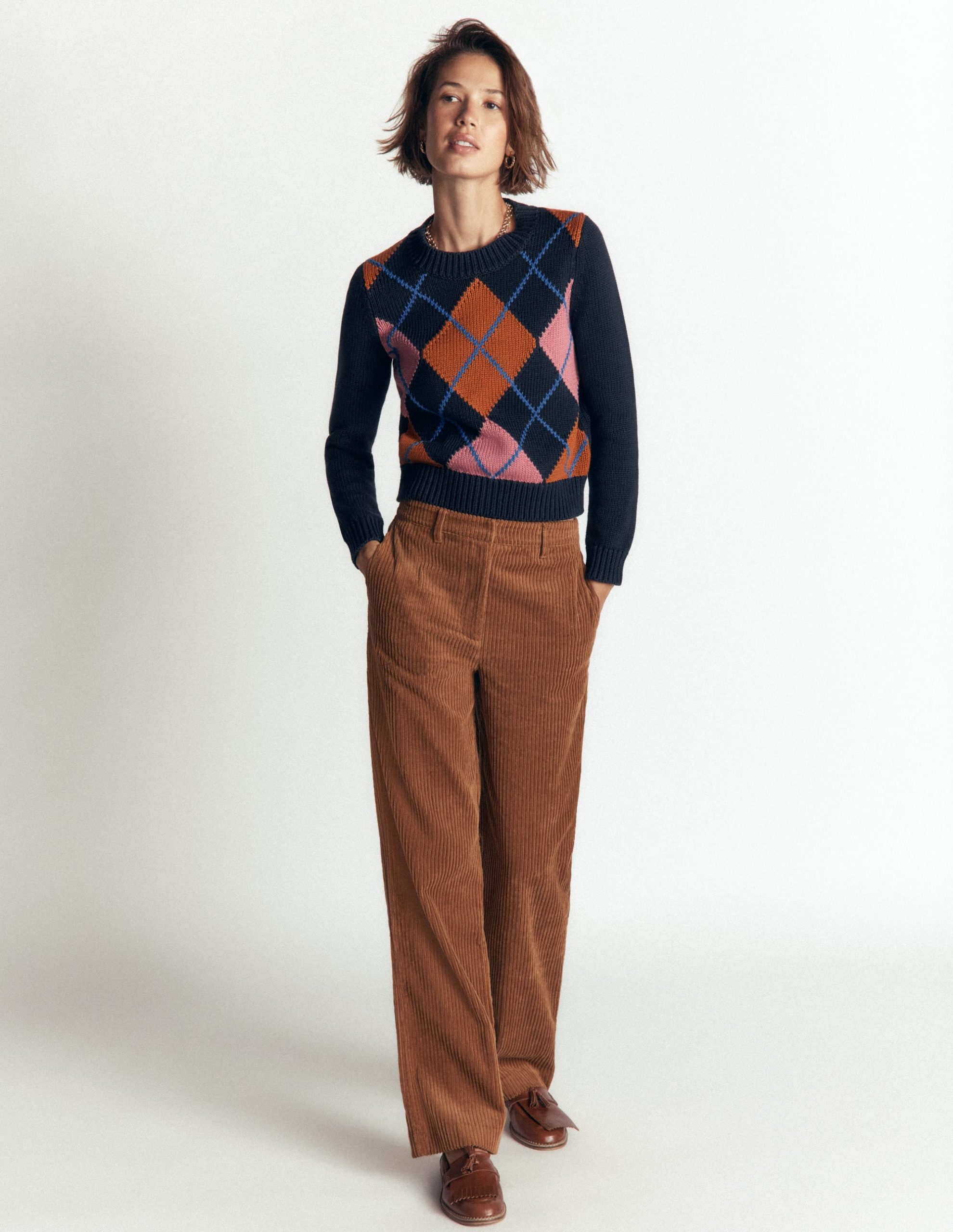 Lucy Chunky Cotton Sweater-navy. pink and brown argyle - Image 5