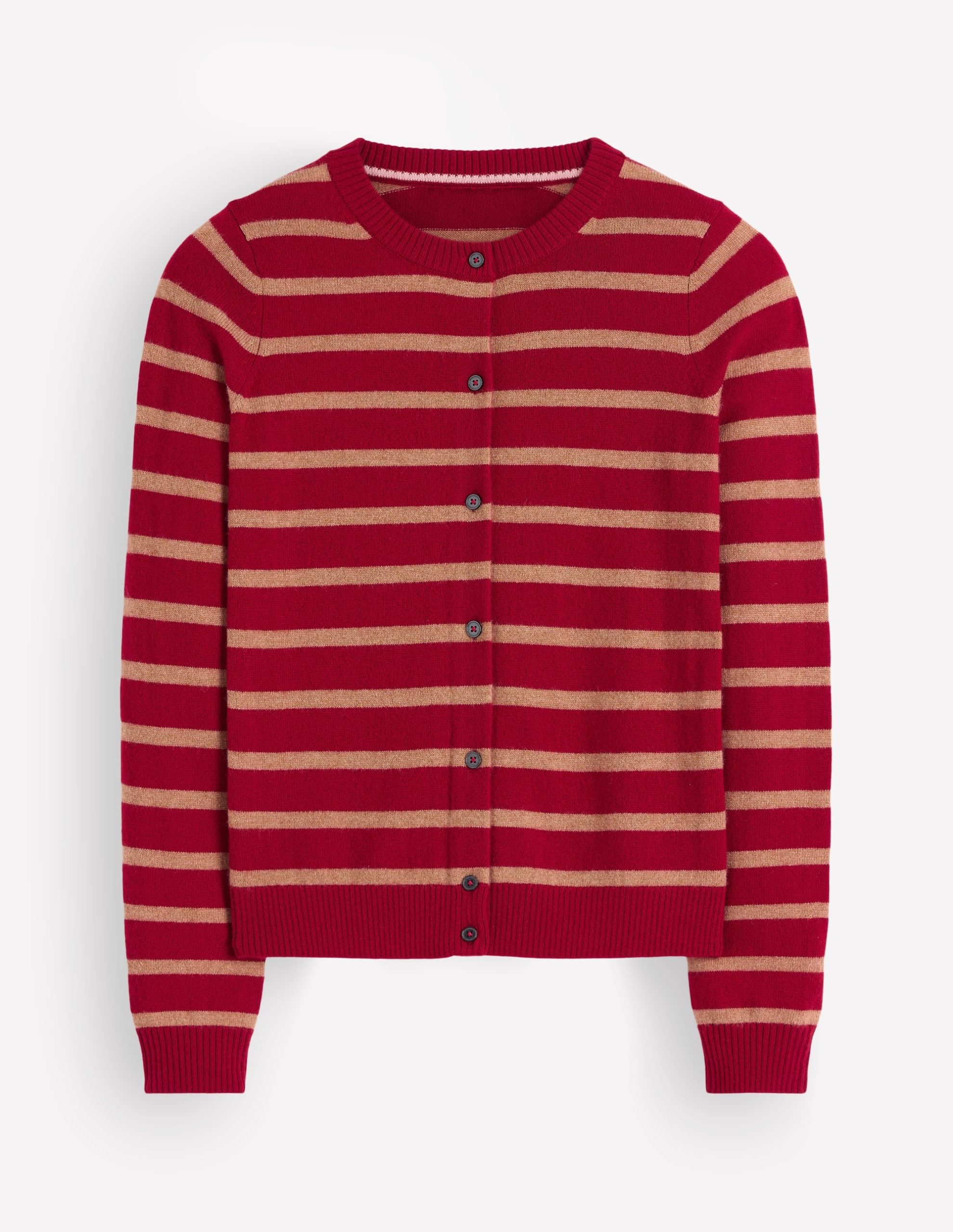 Elsie Cashmere Crew Cardigan-Poppy Red. Camel Stripe - Image 8