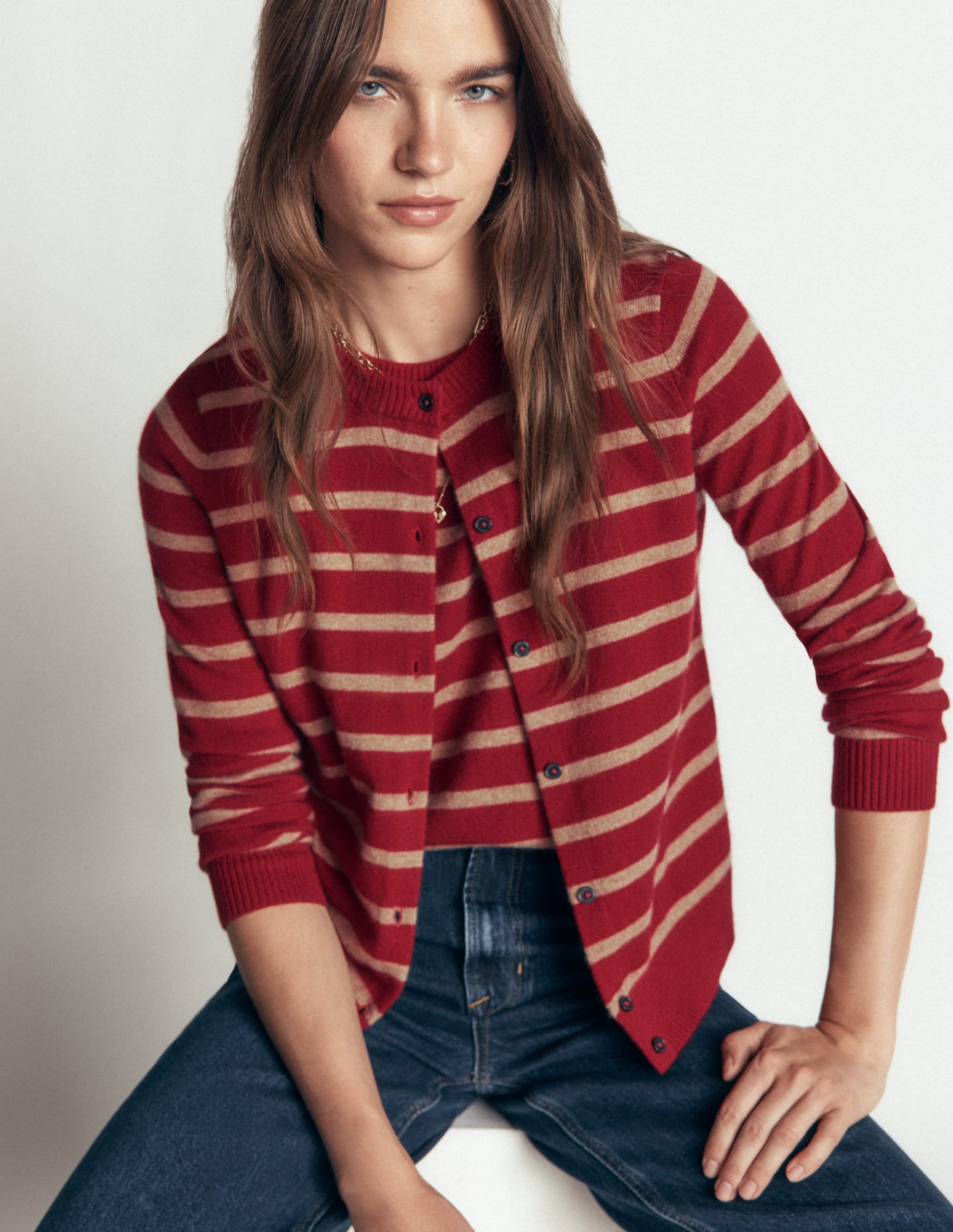 Elsie Cashmere Crew Cardigan-Poppy Red. Camel Stripe - Image 2