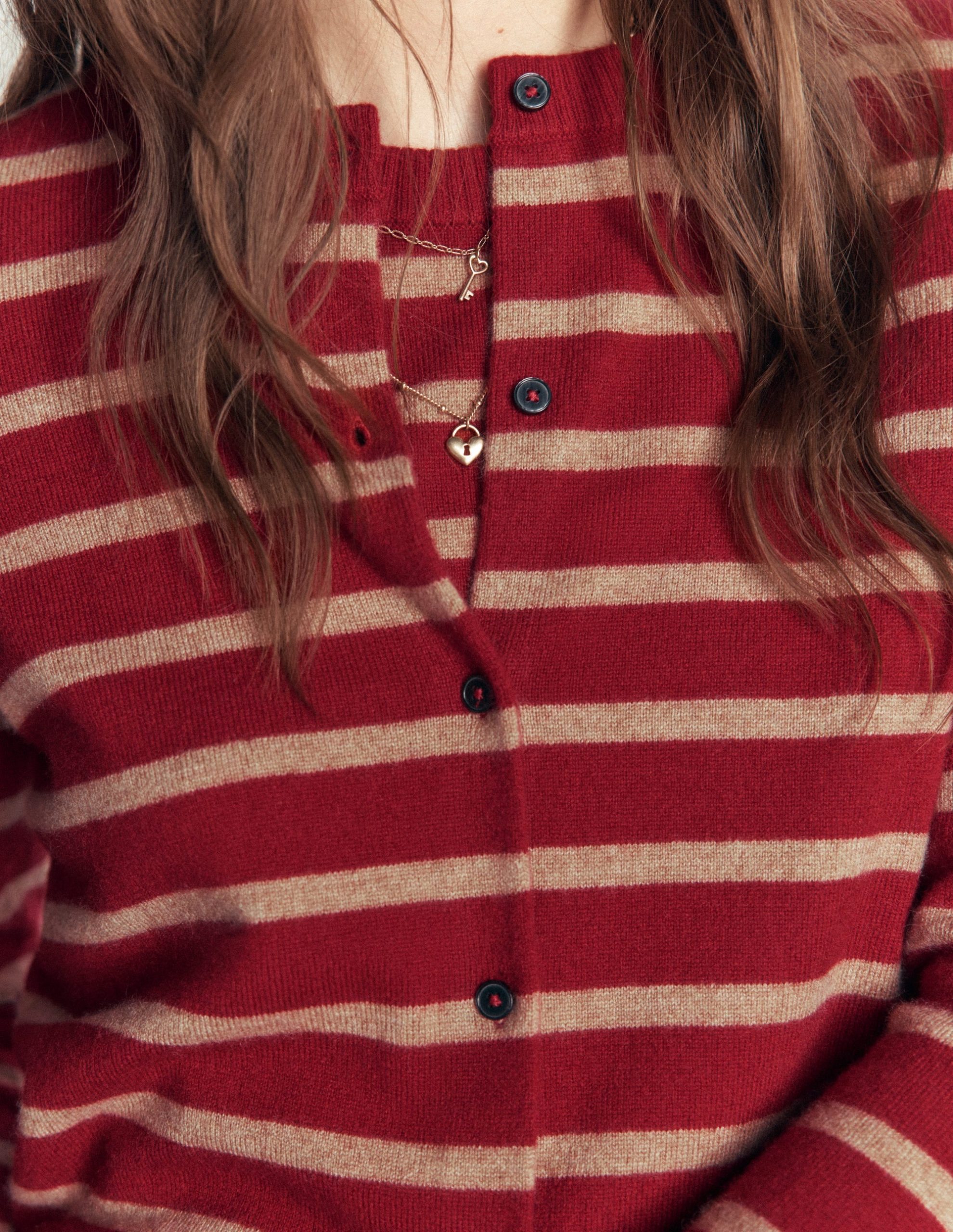 Elsie Cashmere Crew Cardigan-Poppy Red. Camel Stripe - Image 3