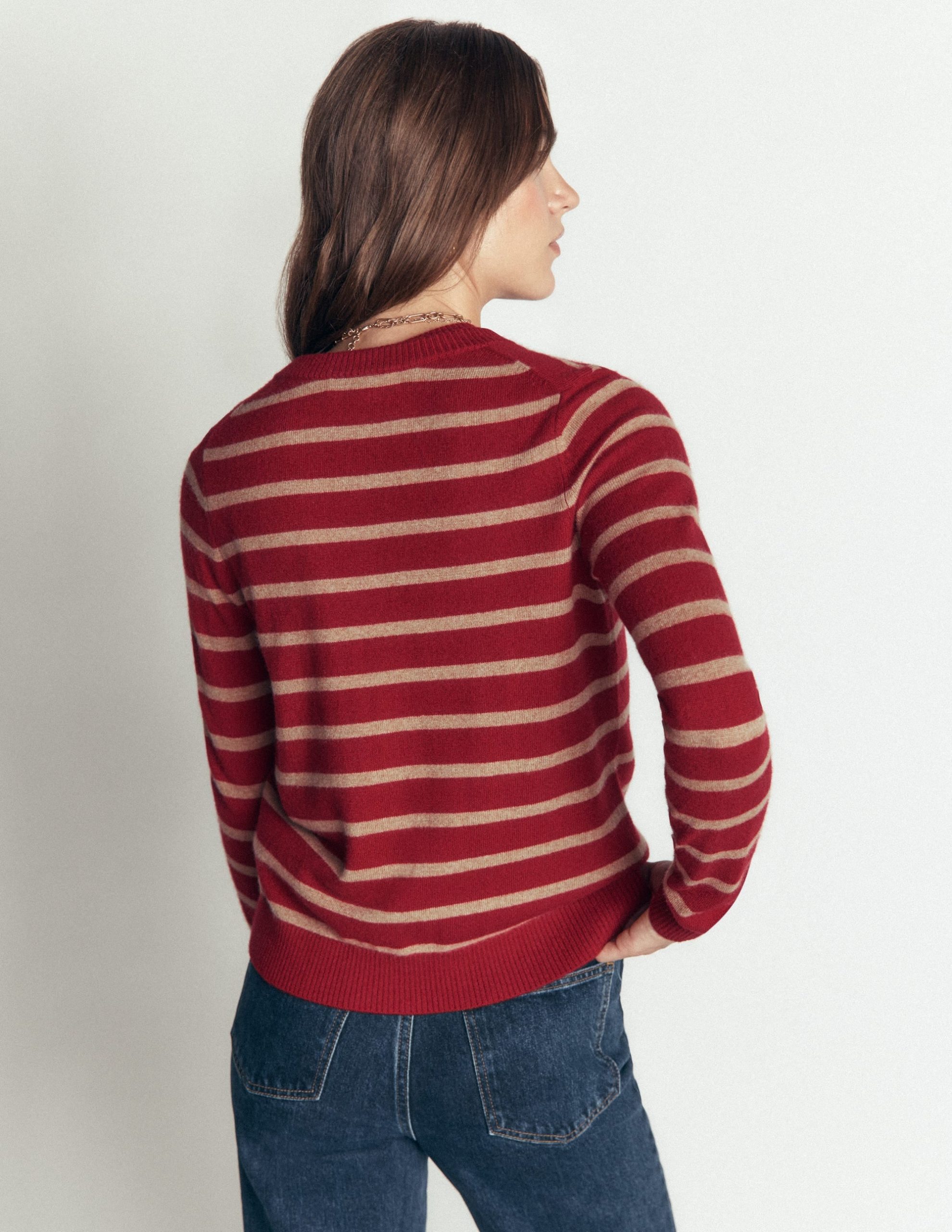 Elsie Cashmere Crew Cardigan-Poppy Red. Camel Stripe - Image 4