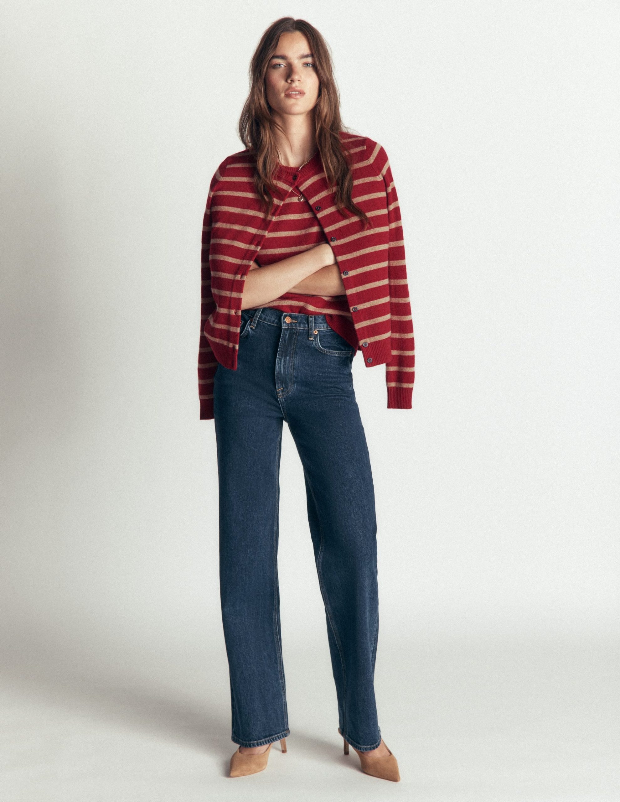 Elsie Cashmere Crew Cardigan-Poppy Red. Camel Stripe - Image 5