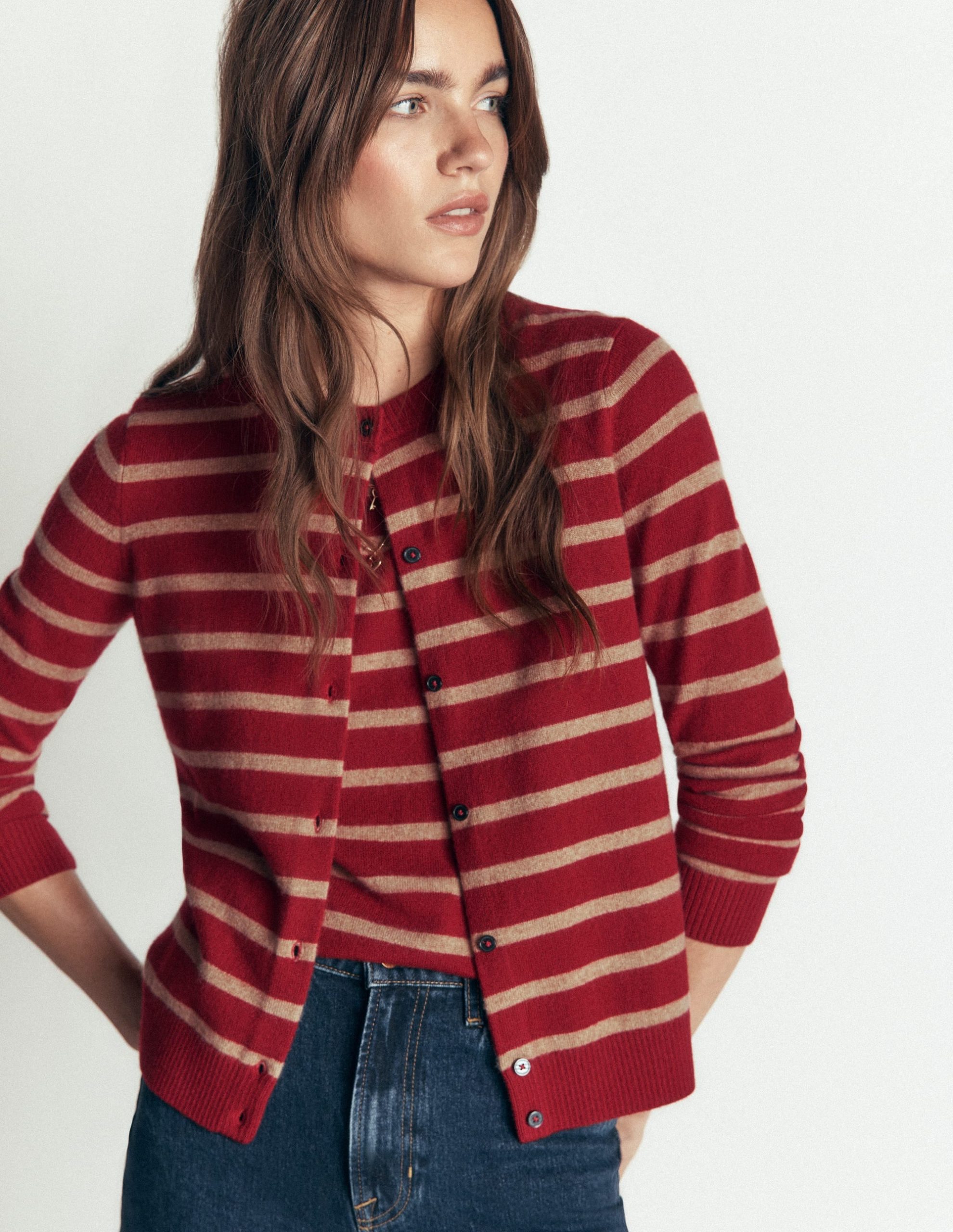 Elsie Cashmere Crew Cardigan-Poppy Red. Camel Stripe - Image 6